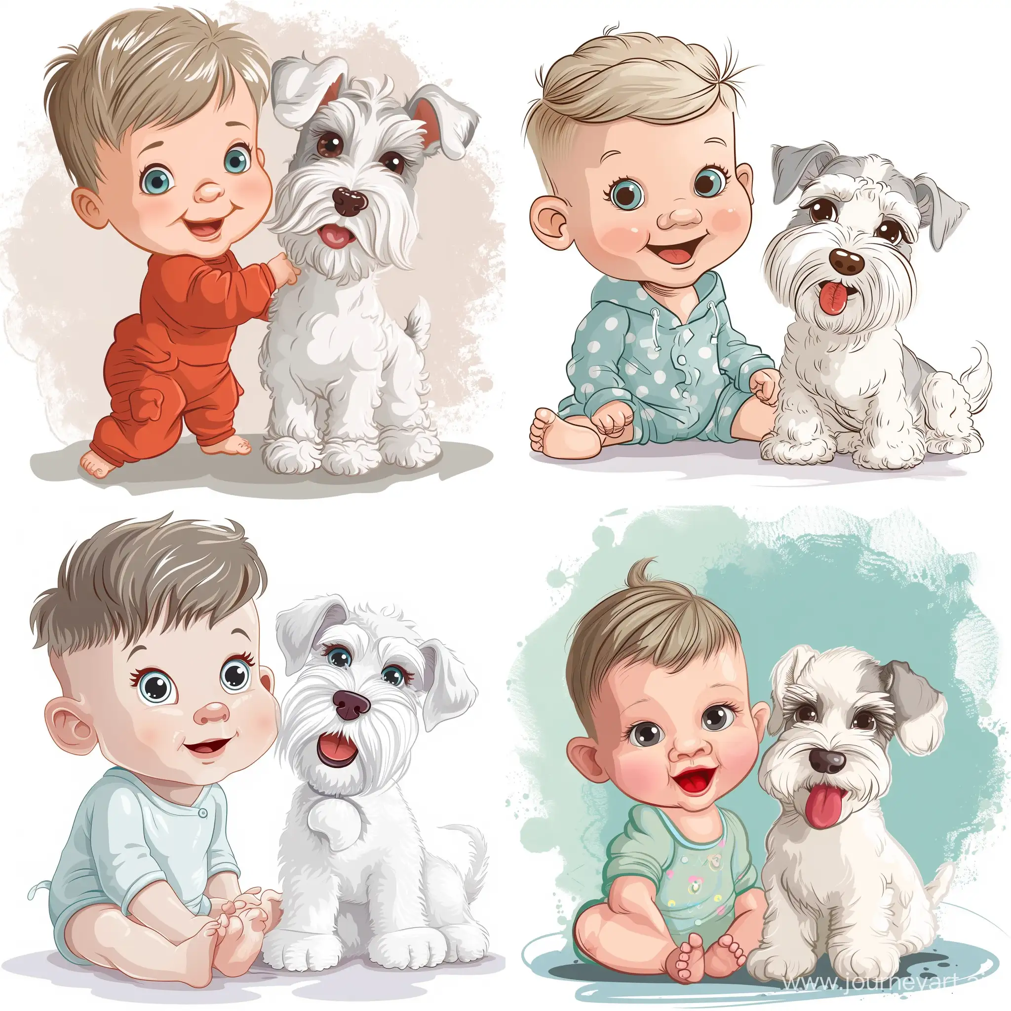 Dibujo animado de Bebe con un perro schnauzer blanco