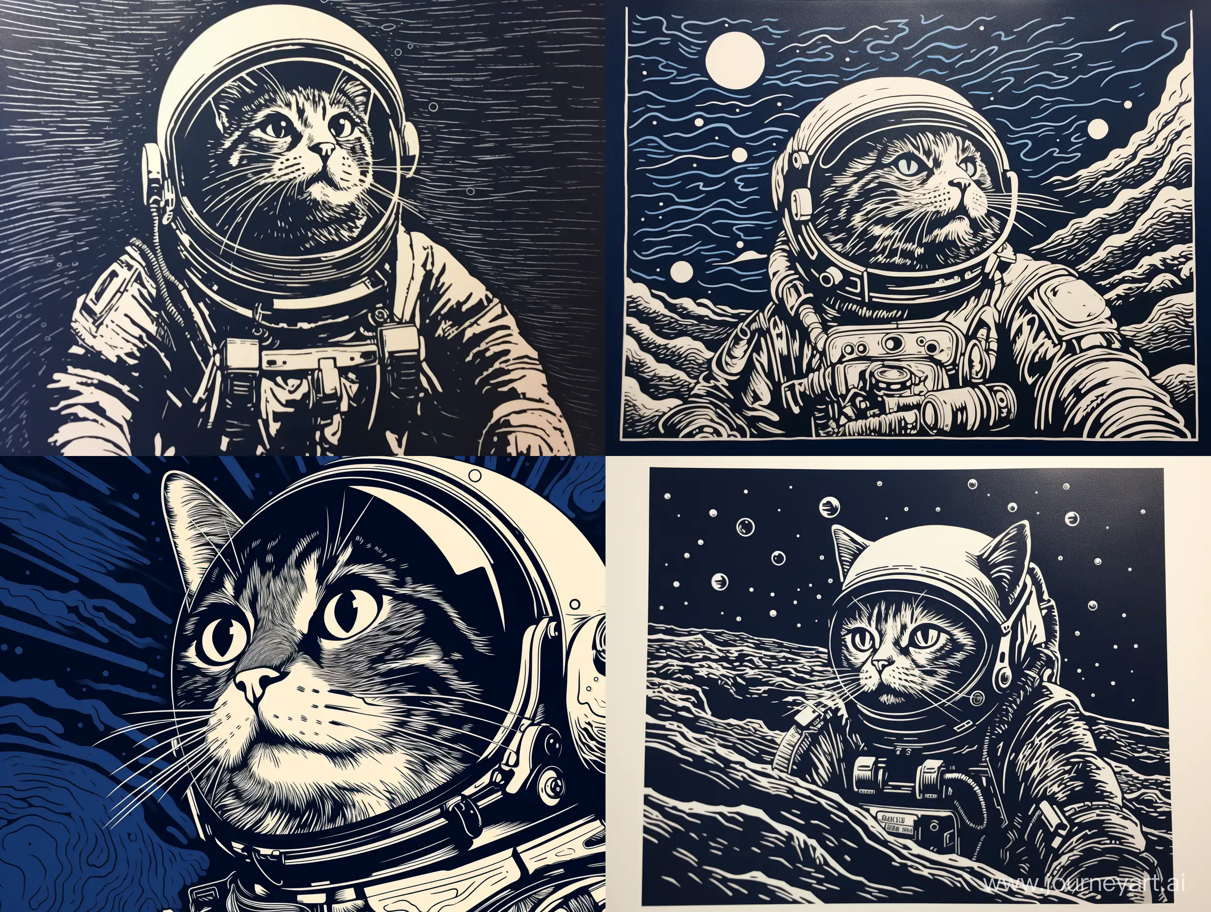linocut,  black and white illustration, maximum contrast, 
парящий астронавт кот, синие оттенки