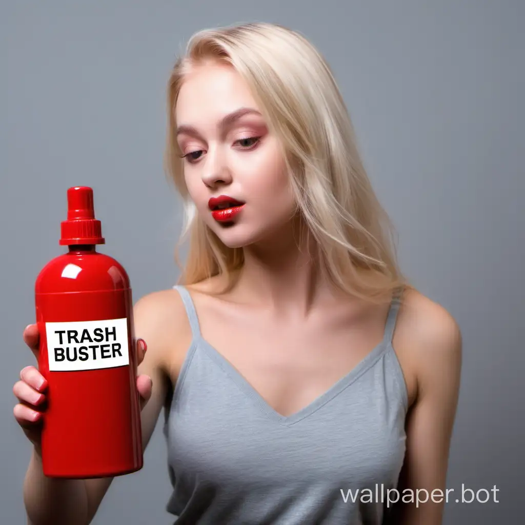 Beautiful blonde girl advertises Trash Buster, a remedy for odors, red trigger bottle with Trash Buster label, rose scent