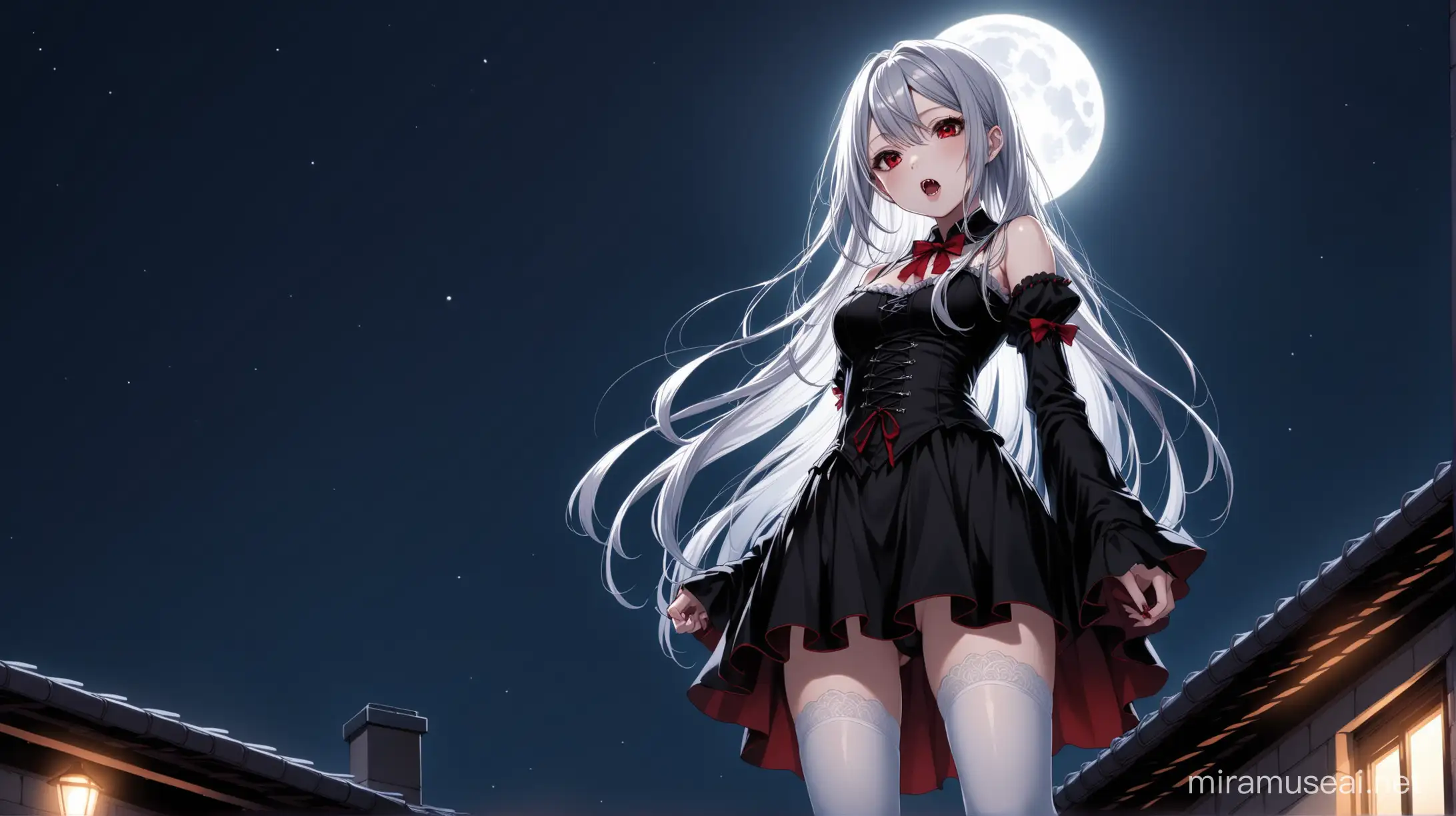 Aesthetic Chloe Sakamata a young and cute vampire girl, Japan, long silver hair and vampire fangs and red eyes standing on building rooftop, school grounds, low angle, from below, night, Dutch angle, full moon, high detail, ((best quality)), ((high quality)), high detailed eyes, wearing a gothic style black outfit with detached sleeves, white thigh highs stockings, wide irises, cold expression, standing, full body, illumination moonlight, two side up, shadow, ((close-up shot)), ((light erotic))