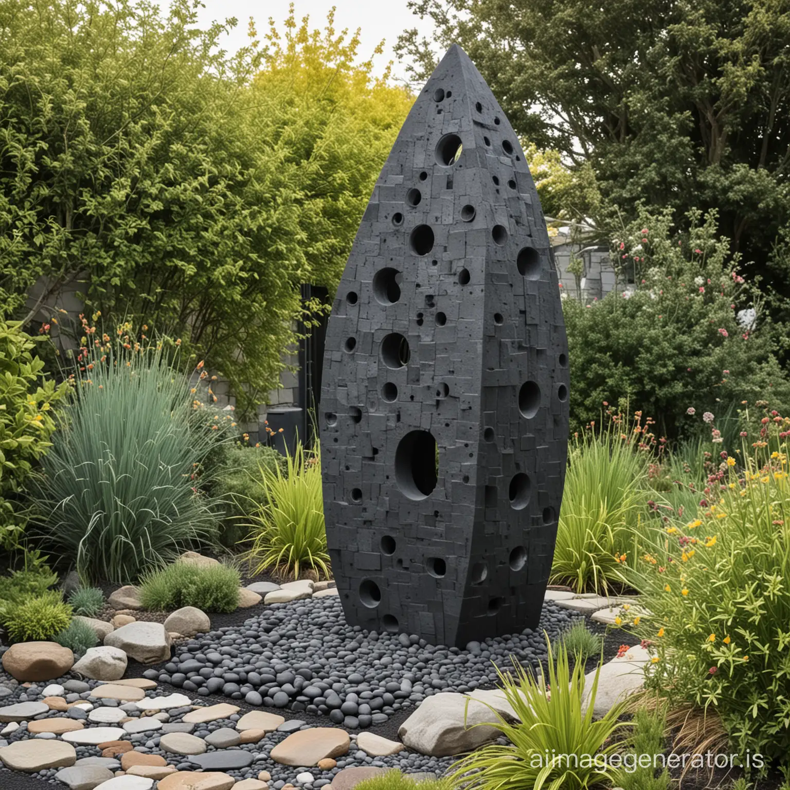 Create a modernist unique and appealing garden sculpture in front of a tiny basalt stone sea cottage