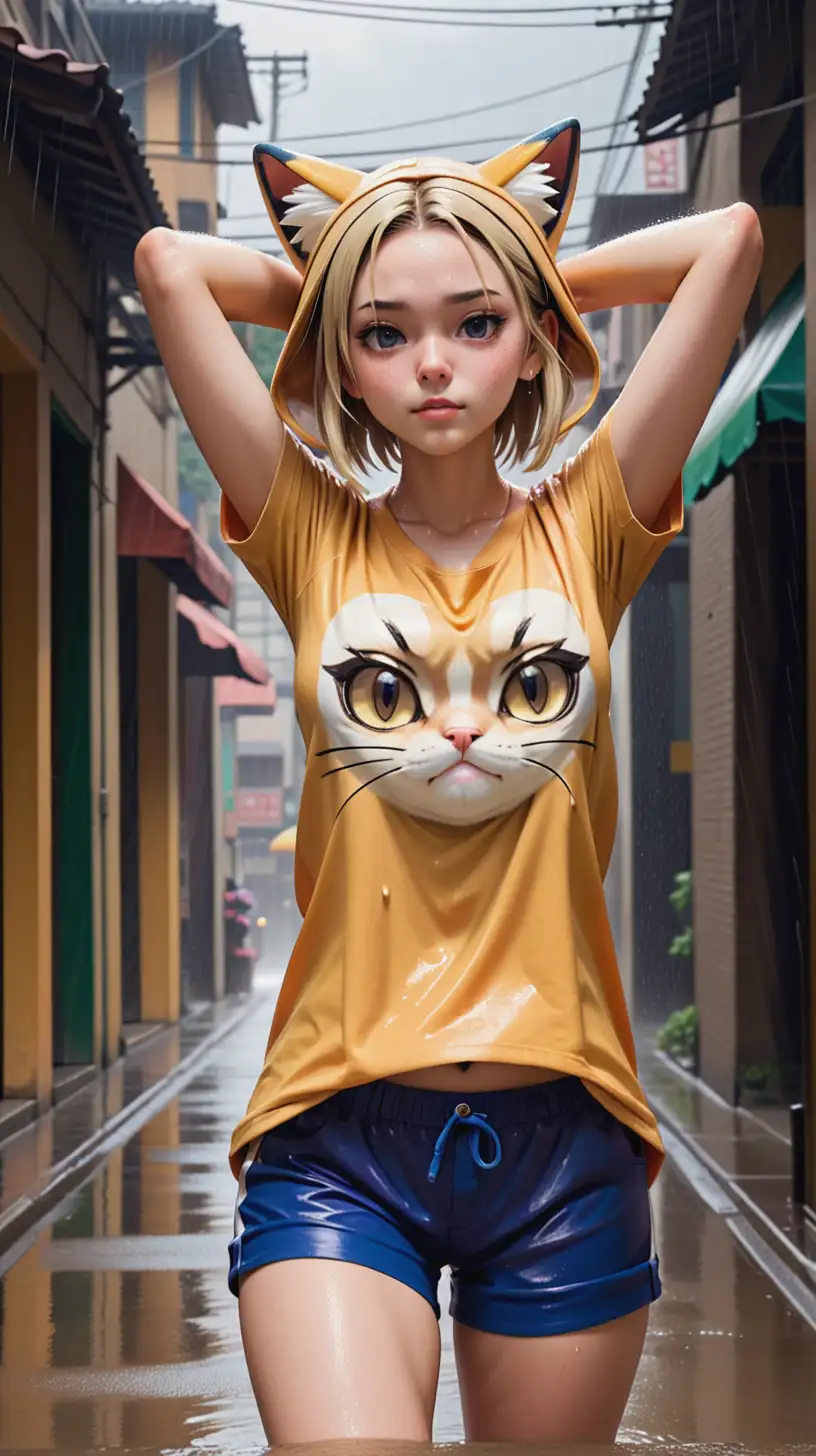 I hate going to work, Meowth, A beautiful, seductive, sultry, 18 year old girl, raining, colored t-shirt, shorts, arms over head, full body, hyper realistic,