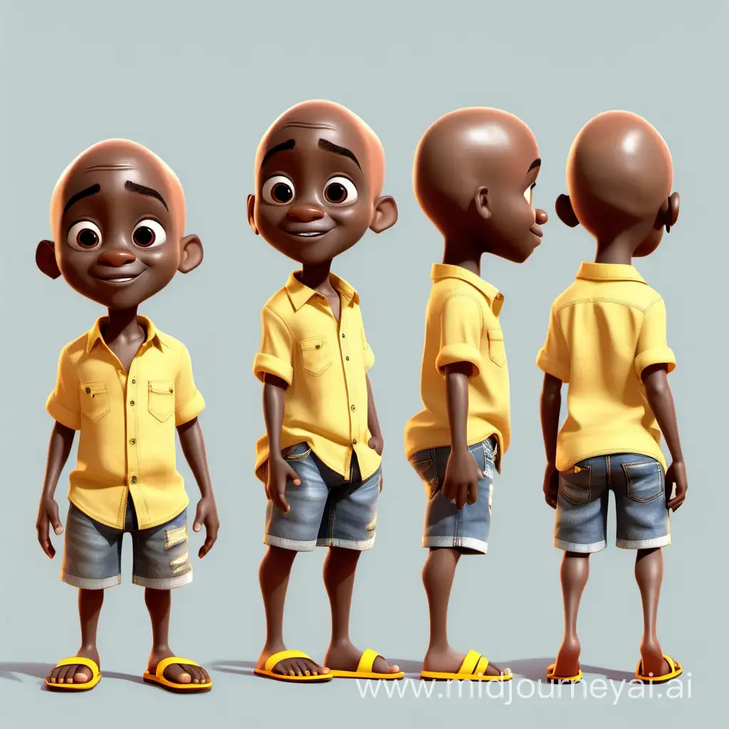 Pixar style little African boy , bald yellow shirt jean shorts flip flops , different poses different angles character sheet , front side 360 no background