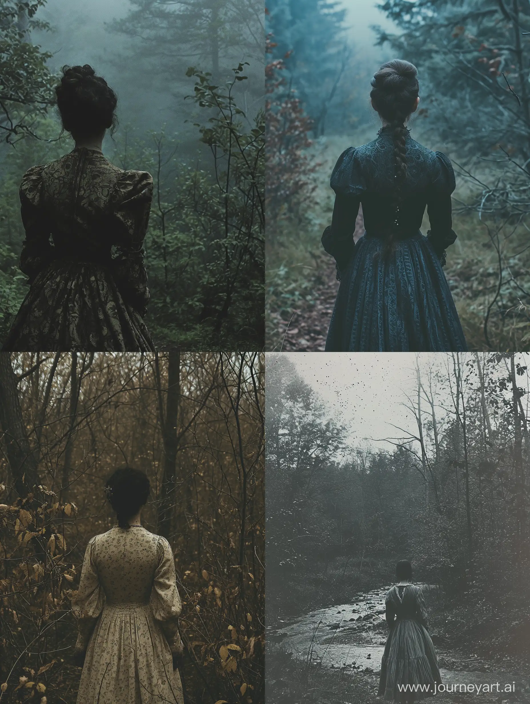Very saturated photo that evokes folk horror, featuring a person in a vintage dress and a mysterious forest, the_ritual, creepypasta, folk horror, dark aesthetic, dark folk, dark magic, witch core, pagan horror