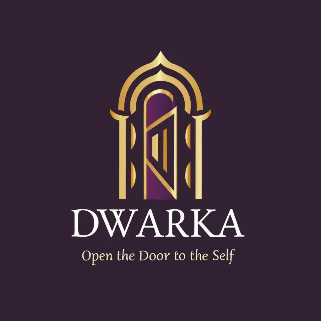 a logo design,with the text "Dwarka Open the door to the SELF", main symbol:Door + heaven+ purple + gold,Moderate,be used in Religious industry,clear background
