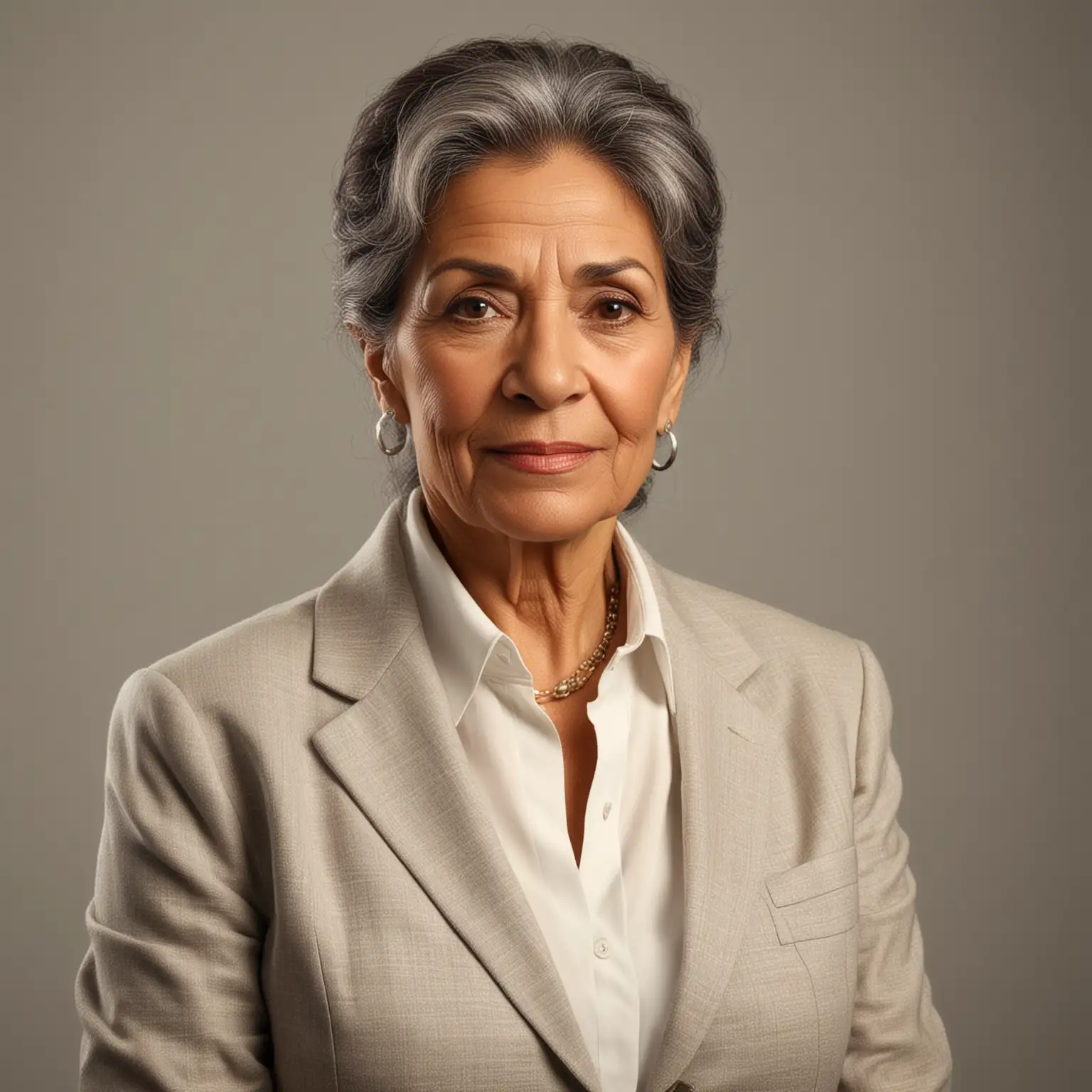 a hyperrealistic portrait of a 70 year old latina businesswoman. studio light. Canon 6E