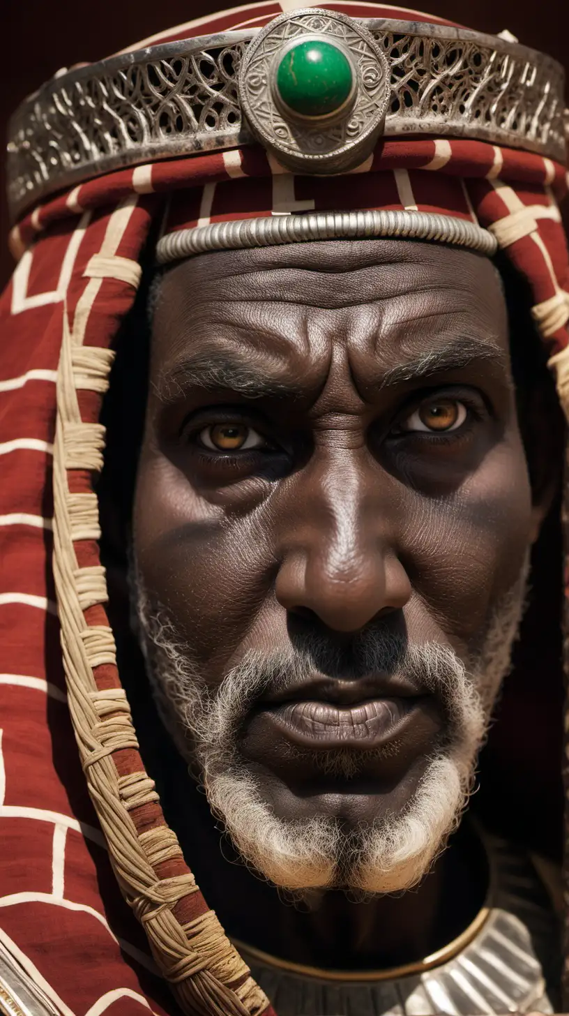 show a close-up of the face of an ancient dark-skinned Moroccan king

