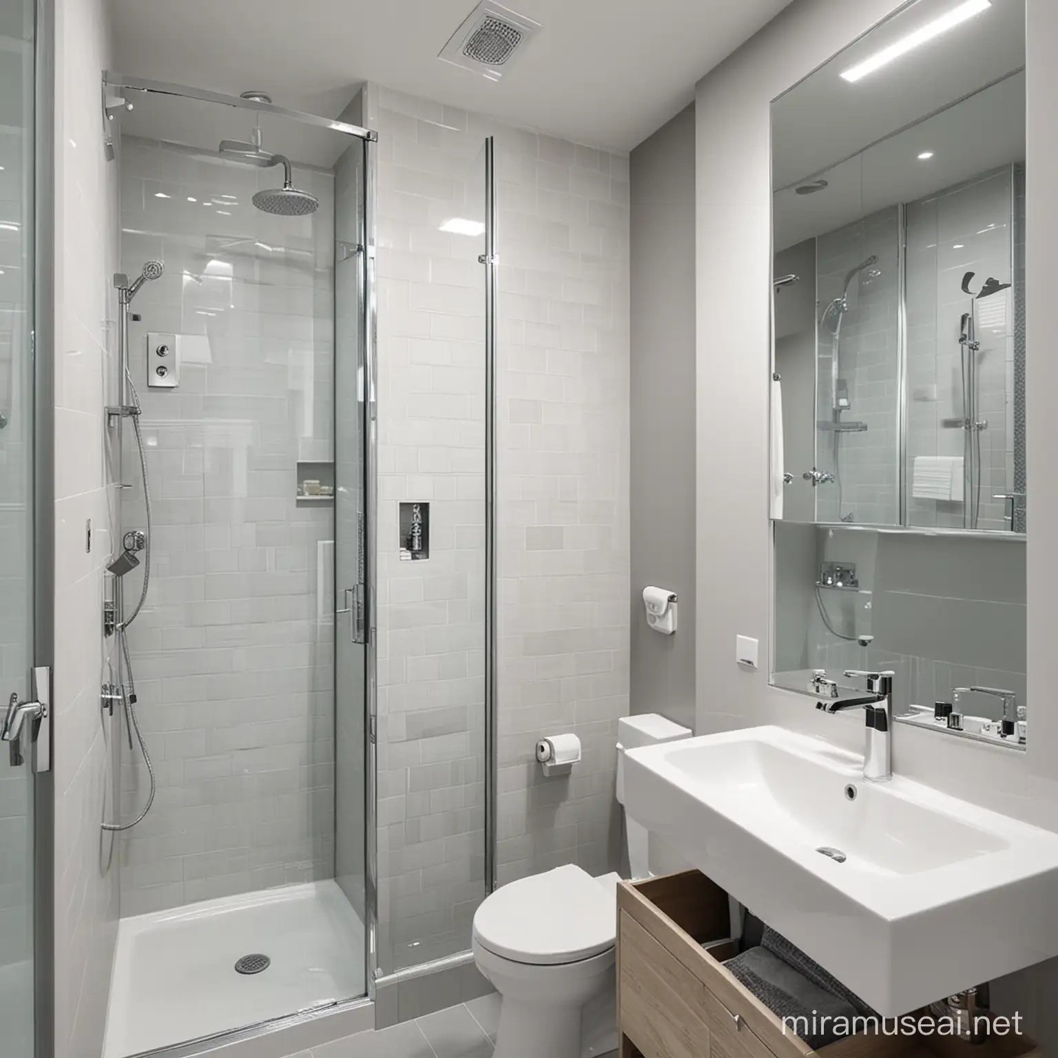 Compact Modern Bathroom with Blue and Gray Tiles Complete Facilities and Storage
