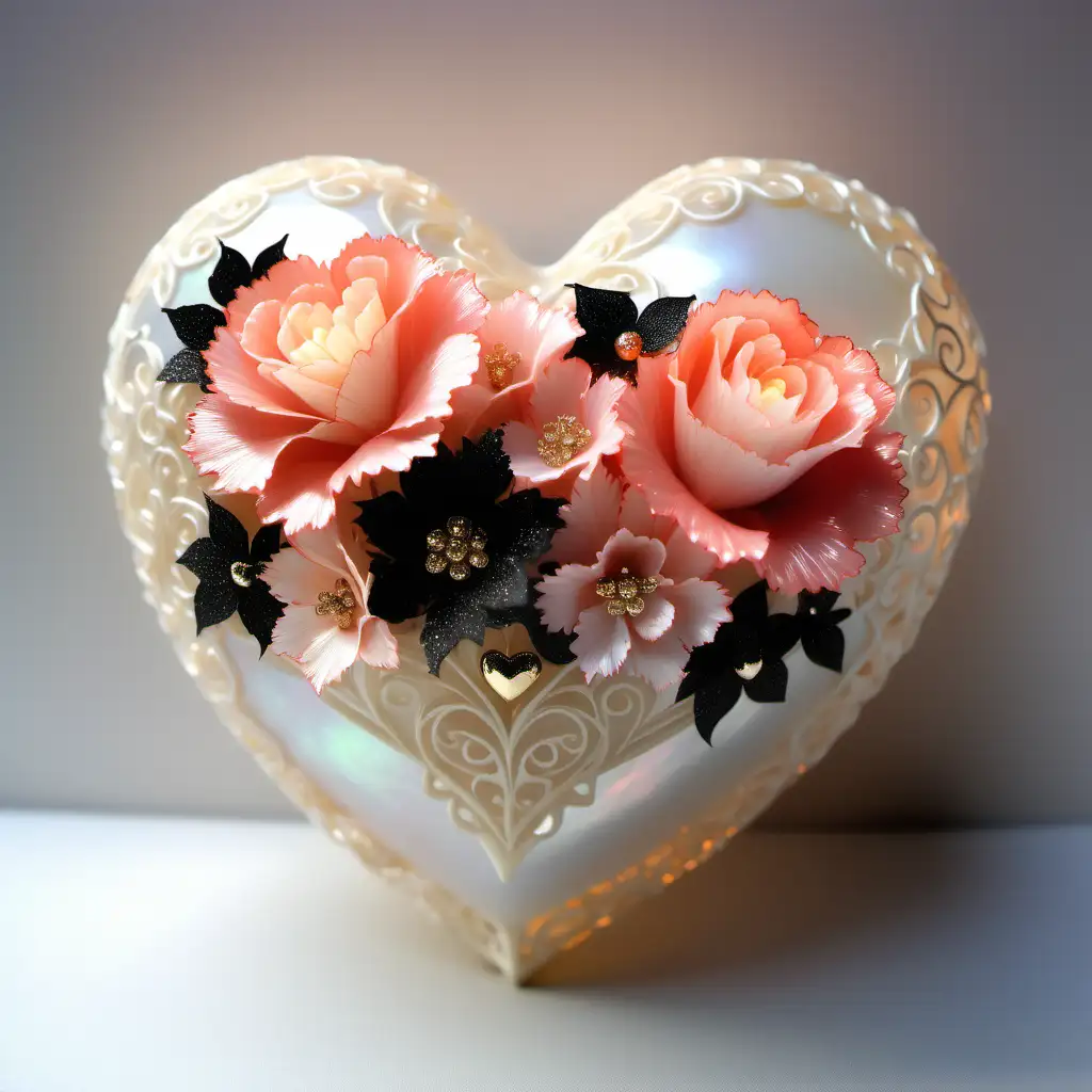 Coral mother of pearl, frosted glitter filigree glowing heart, lacey, ivory, black, gold, lightsplash, babies breath, carnations, Thomas kinkade 