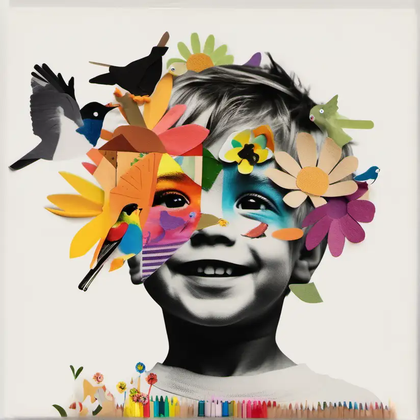 paper collage of one happy face of a little boy, black and white face, light skin, with colourful flowers and birds, crayons, pencils. show eye. White background