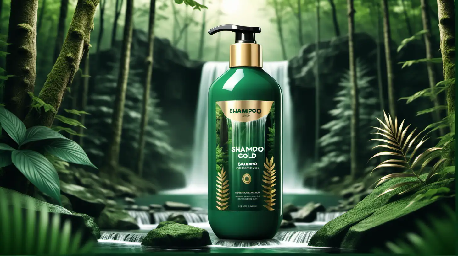 Enchanting Forest Waterfall Scene with Gold Accents and Central Shampoo Bottle