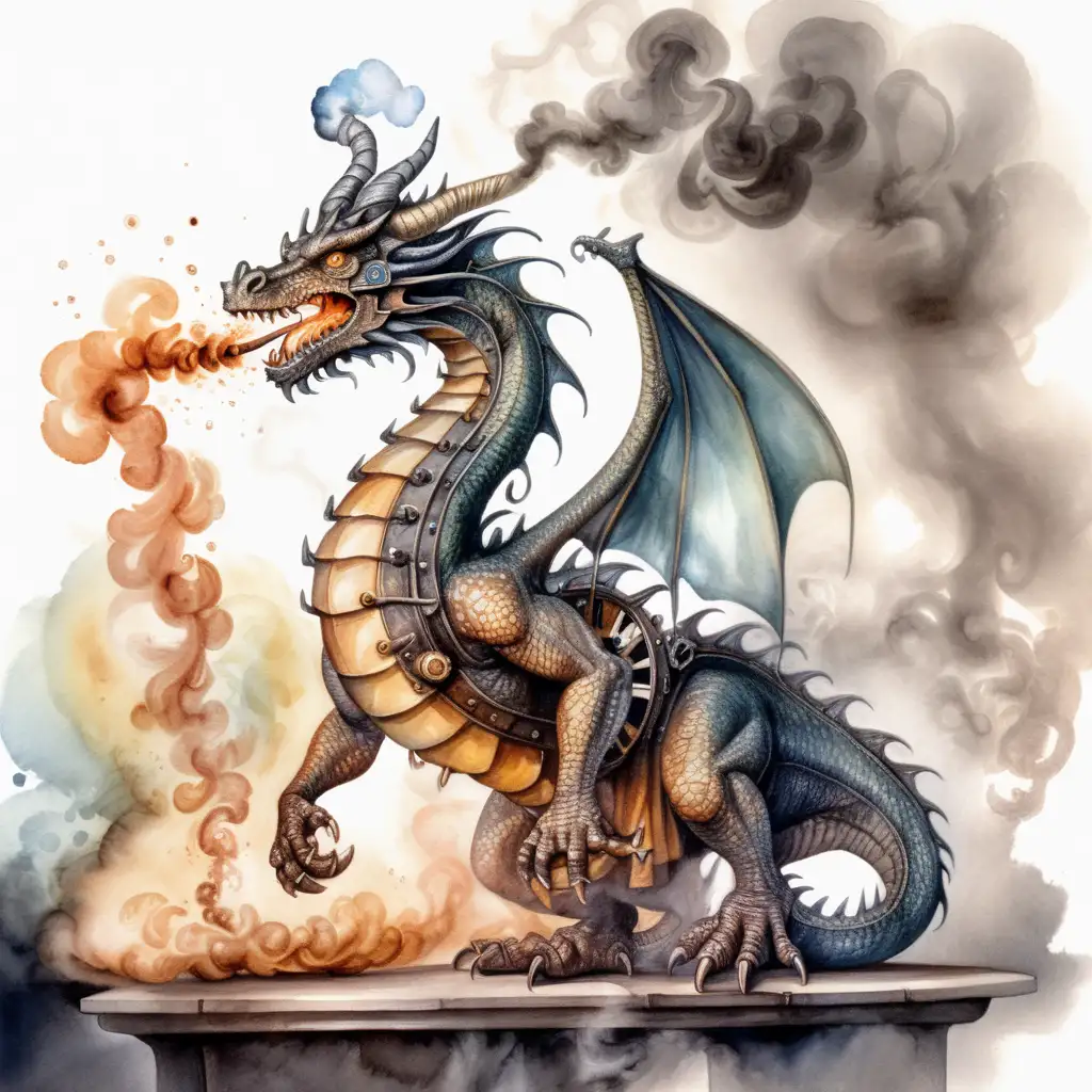 fantasy clockwork dragon blowing smoke, dark watercolor drawing, no background