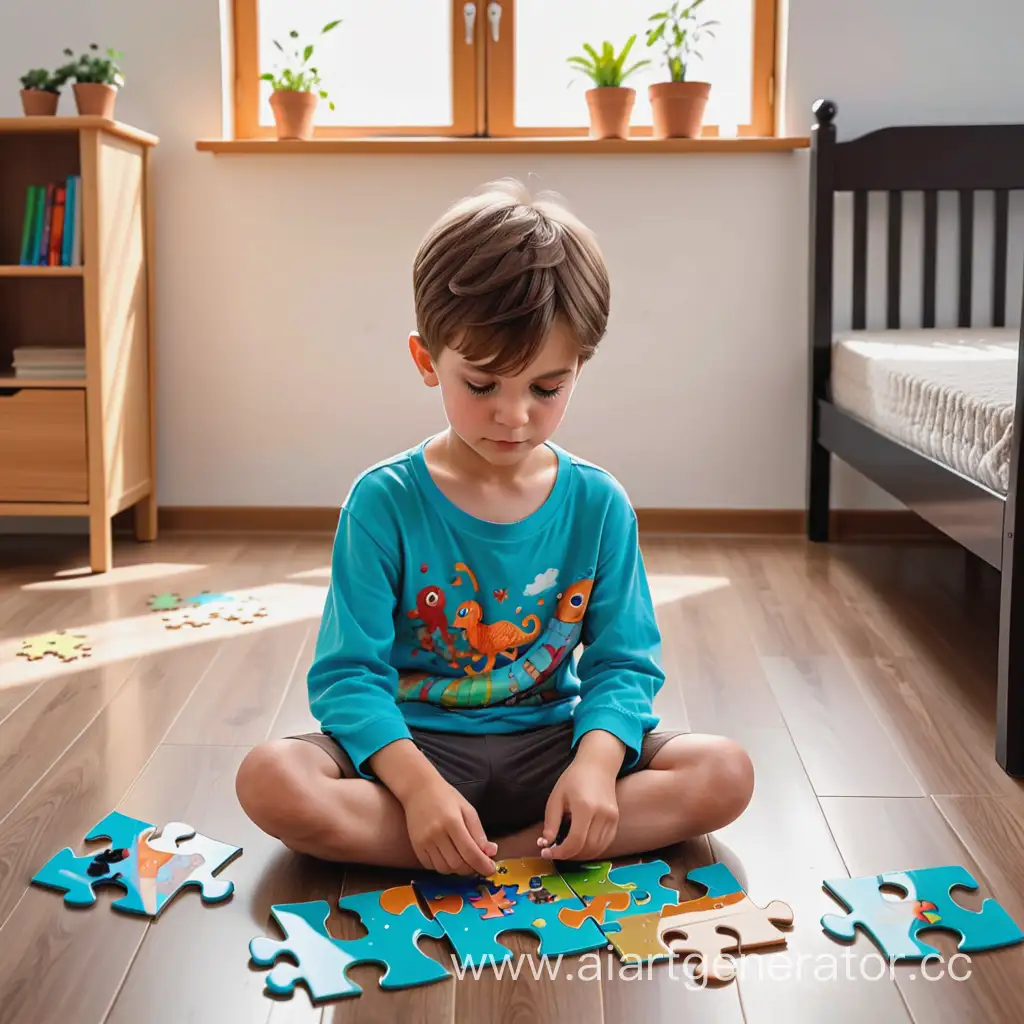 a boy with kind eyes sitting on the floor collects a puzzle that depicts his inner world