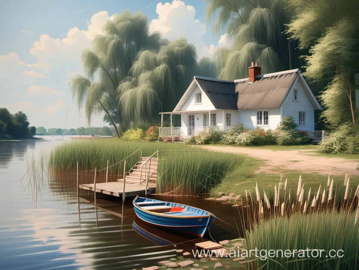 домик на берегу реки, деревья и камыш вдоль берега ,лодка у причала