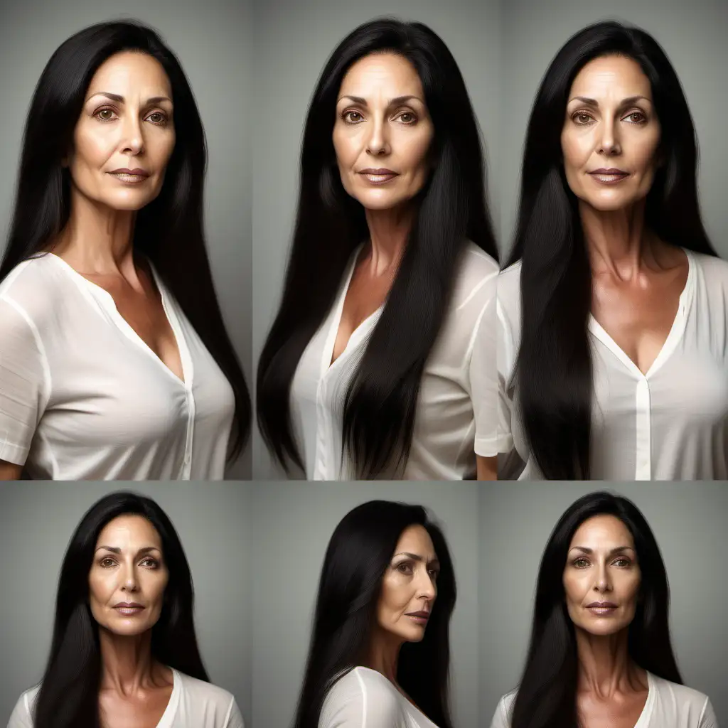 realistic photography of stunning olive skinned woman with long dark hair, 40-something, character sheet, spacing and margins, multiple angles