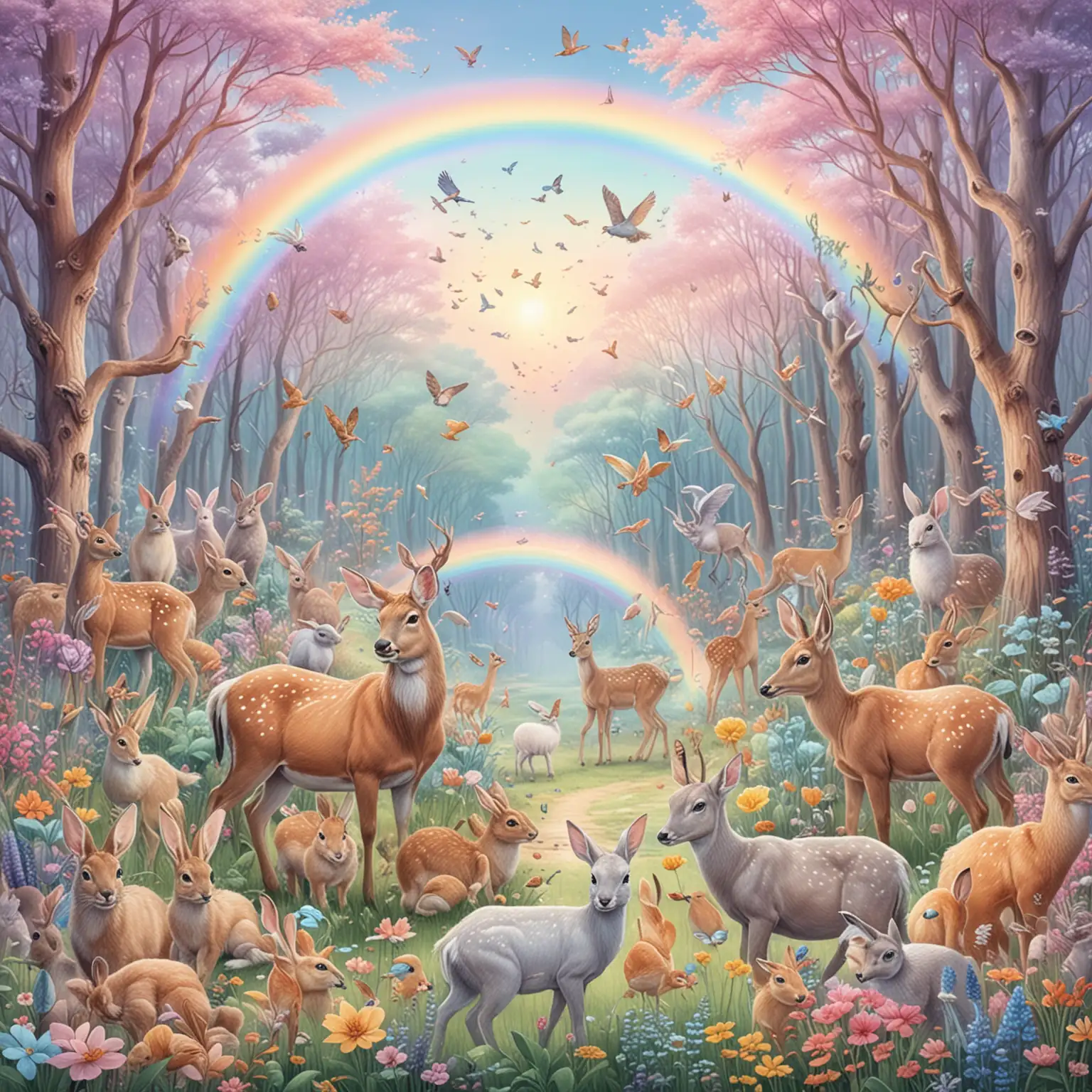 realistic pastel rainbow magical forest of happy animals, bunnies, deer, birds,