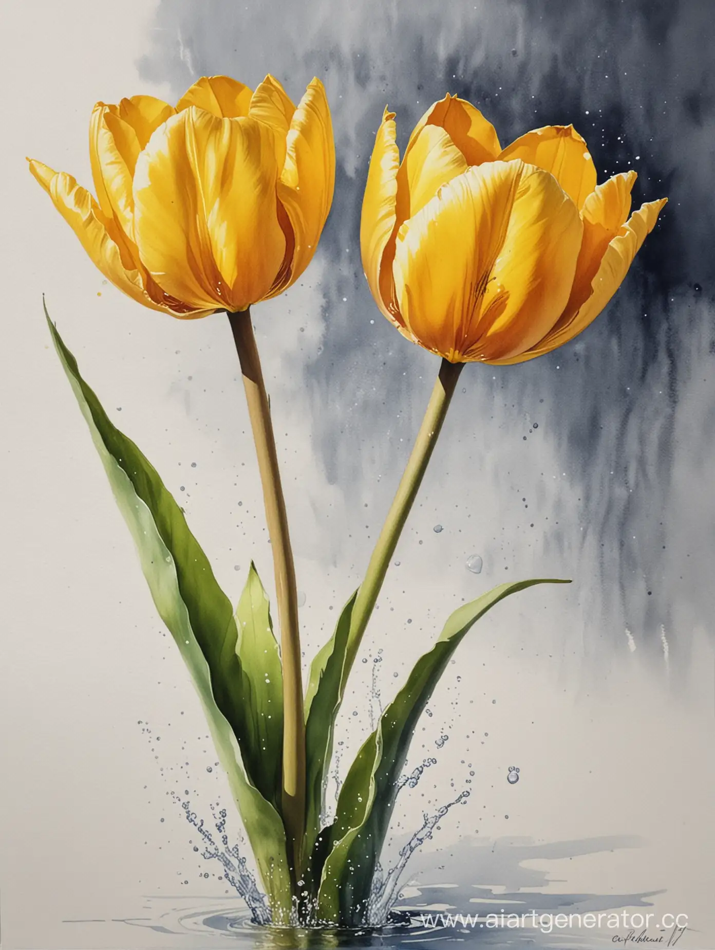 Golden-Tulip-Watercolor-Painting-with-Soft-Pastel-Background
