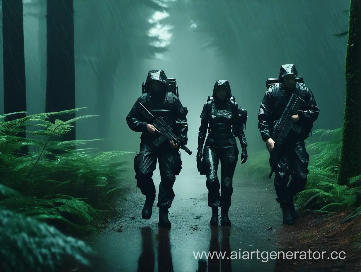 Группа из 3 людей в киберпанк военнном снаряжении идет по канадскому лесу. Сильнейший ливень.