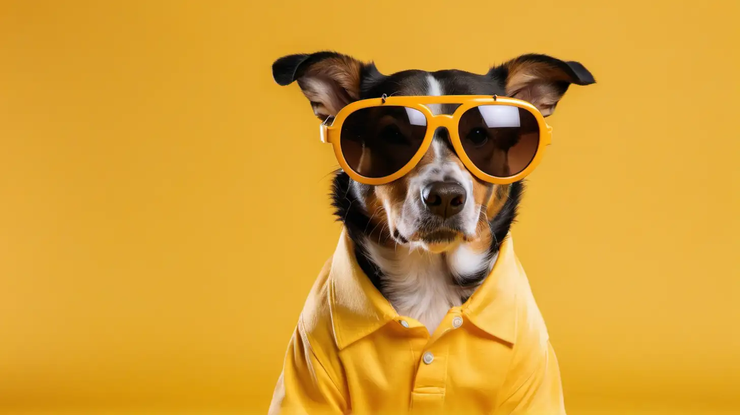 A dog wearing sunglasses and dressing for the upcoming summer on yellow background