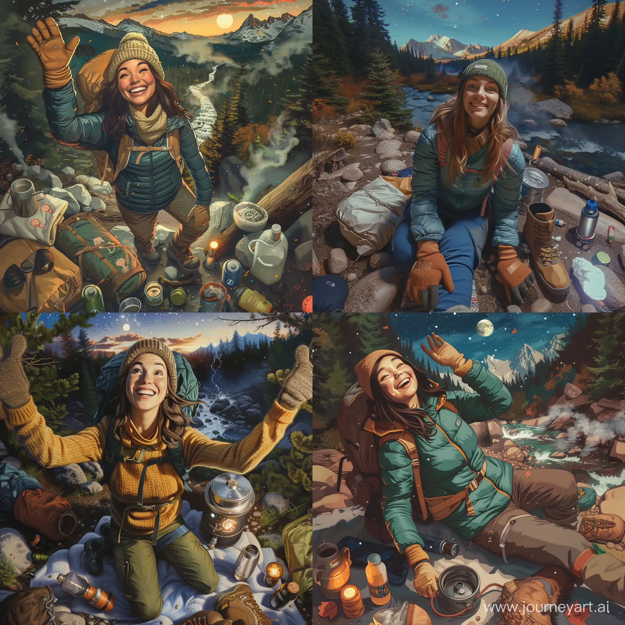 1 woman((upper body selfie, happy)), masterpiece, best quality, ultra-detailed,  solo, outdoors, (night), mountains, nature, (stars, moon)   cheerful, happy, backpack, sleeping bag, camping stove, water bottle, mountain boots, gloves, sweater, hat, flashlight, forest, rocks, river, wood, smoke, shadows, contrast, clear sky,
analog style (look at viewer:1.2)  (skin texture)
(film grain:1.3), (warm hue, warm tone)