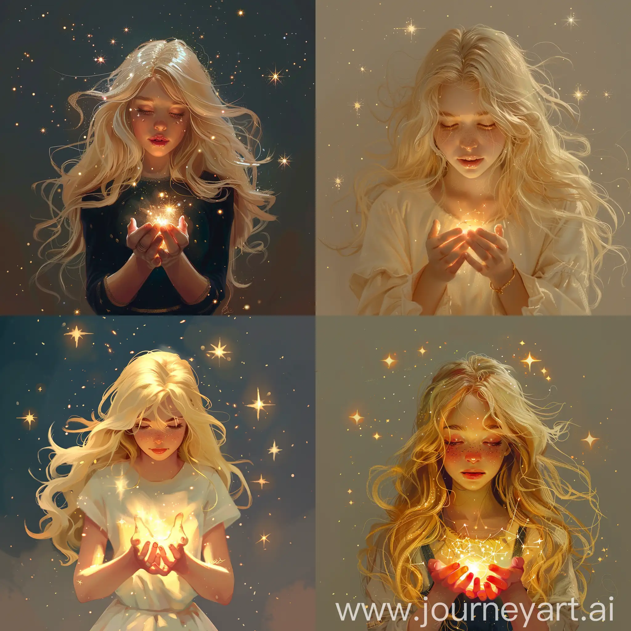 реалистично, девушка блондинка, свечение в руках, звезды вокруг