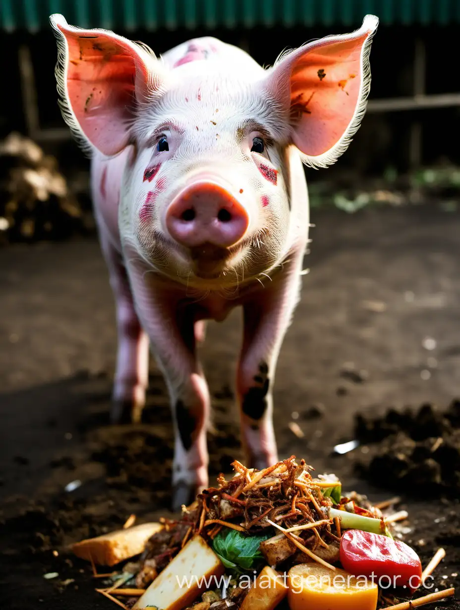 культурная, важная свинья, кушает отходы пищи.