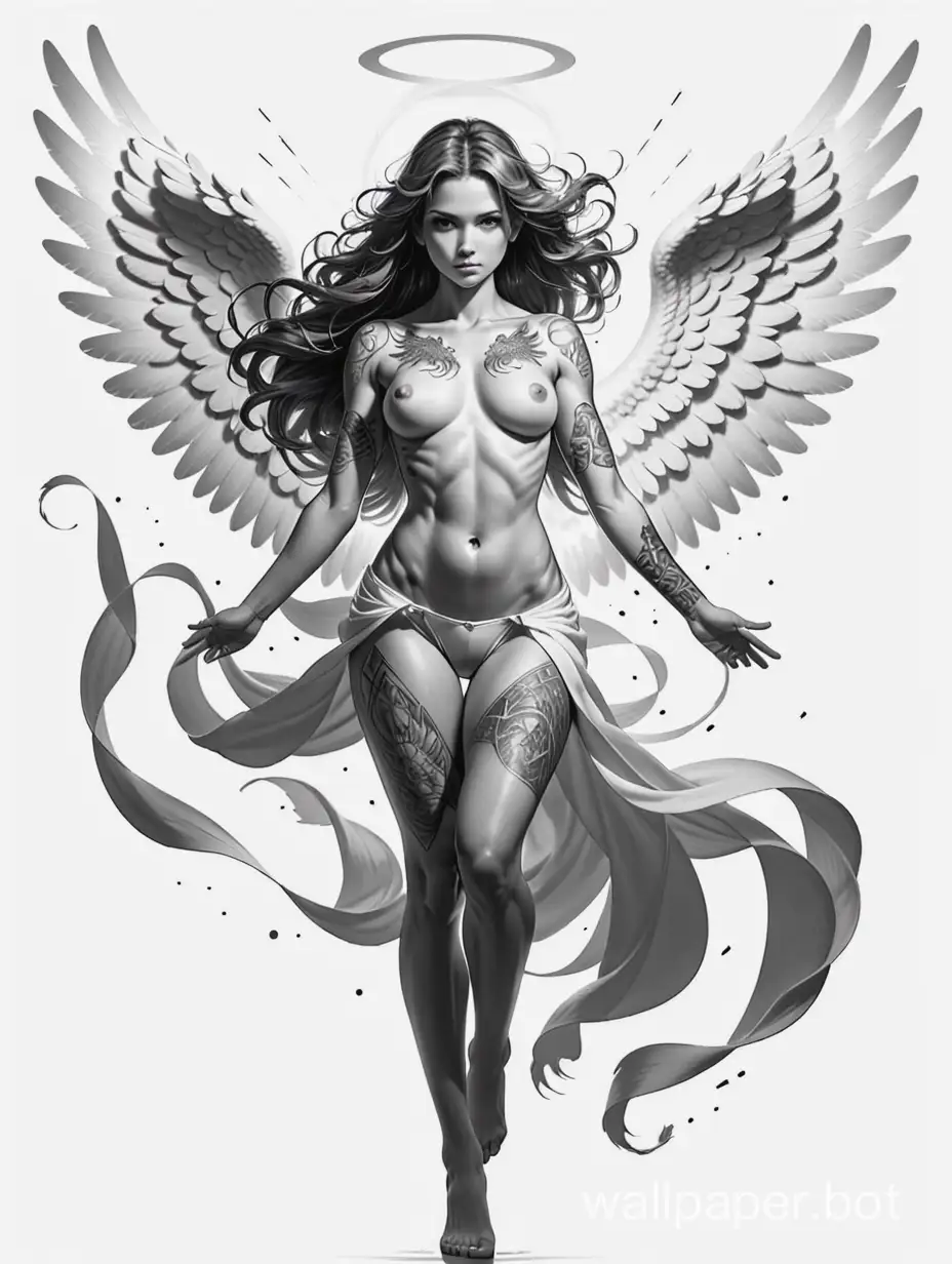 amazing angel, explosive pose,  masterpiece tattoo, lineart, hipperdetailed, blackwork,  white background