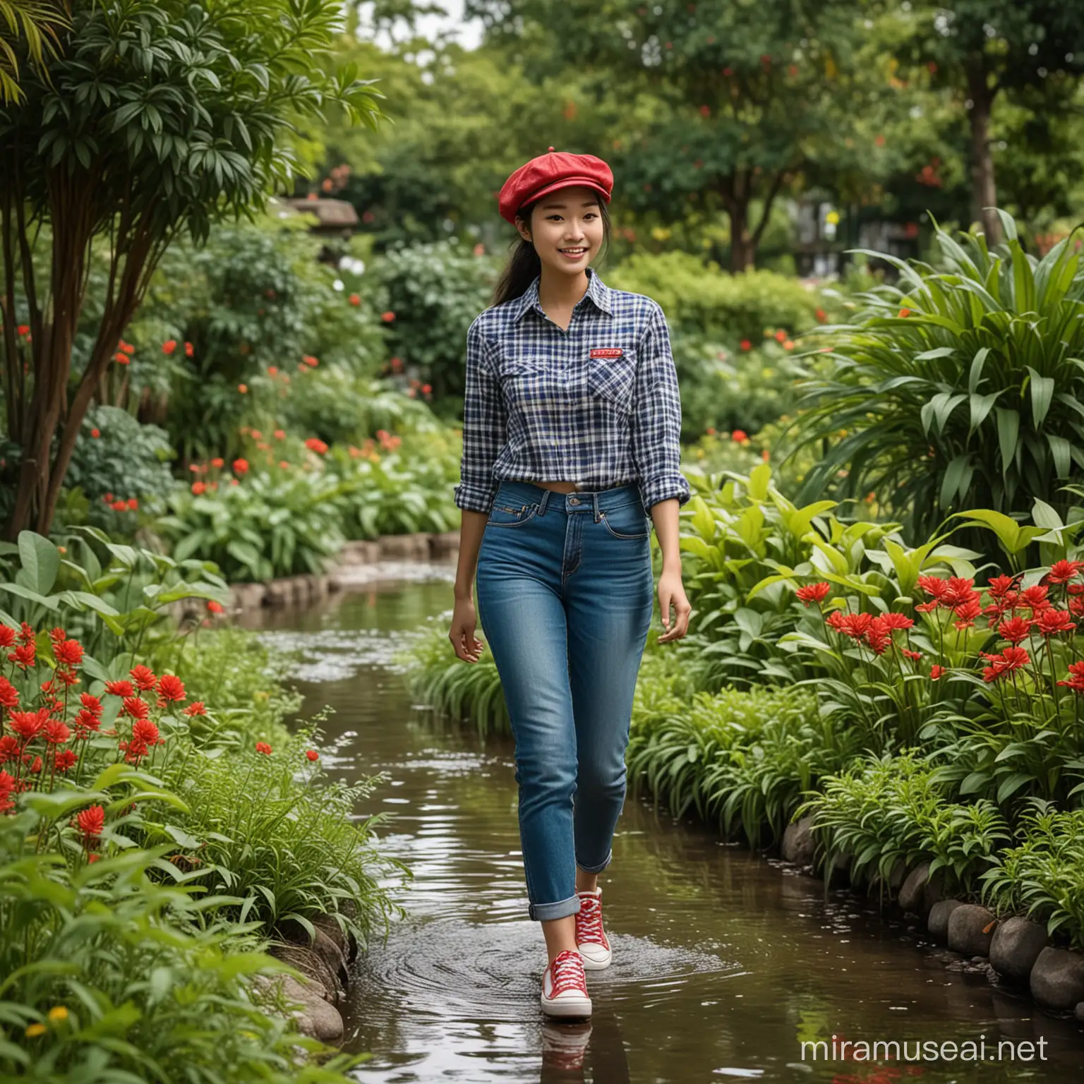 (best quality: 1.2, high resolution, realistic, photographic), young Asian woman from Indonesia wearing a blue and black checkered collared shirt, blue Levi's jeans, white shoes, and a red feathered beret hat with subtle details, taking a casual walk in a small park garden with a flowing stream and vibrant green and red plants.
