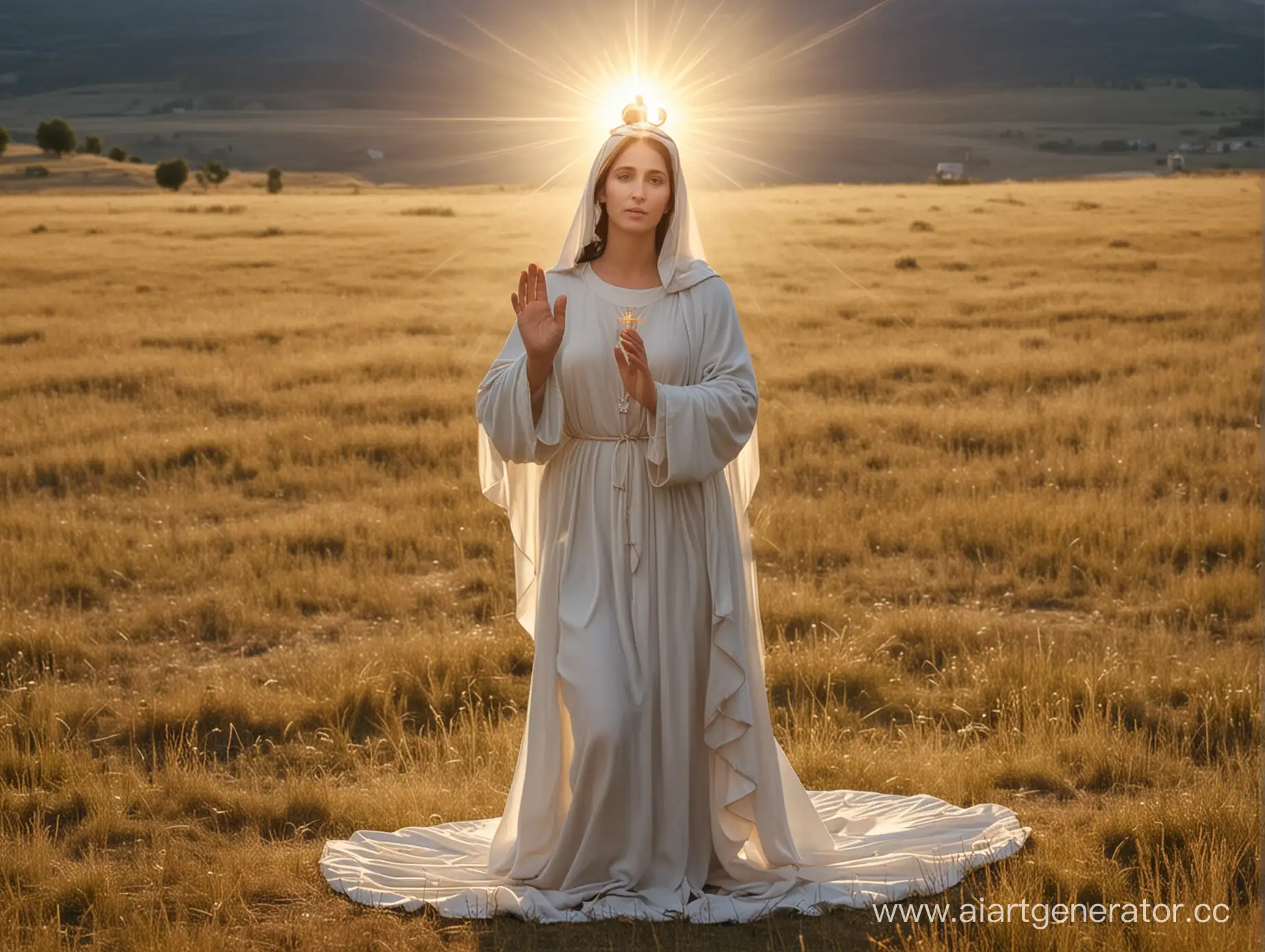 The Mother of God appeared in the middle of the field, the light points to the place with her finger