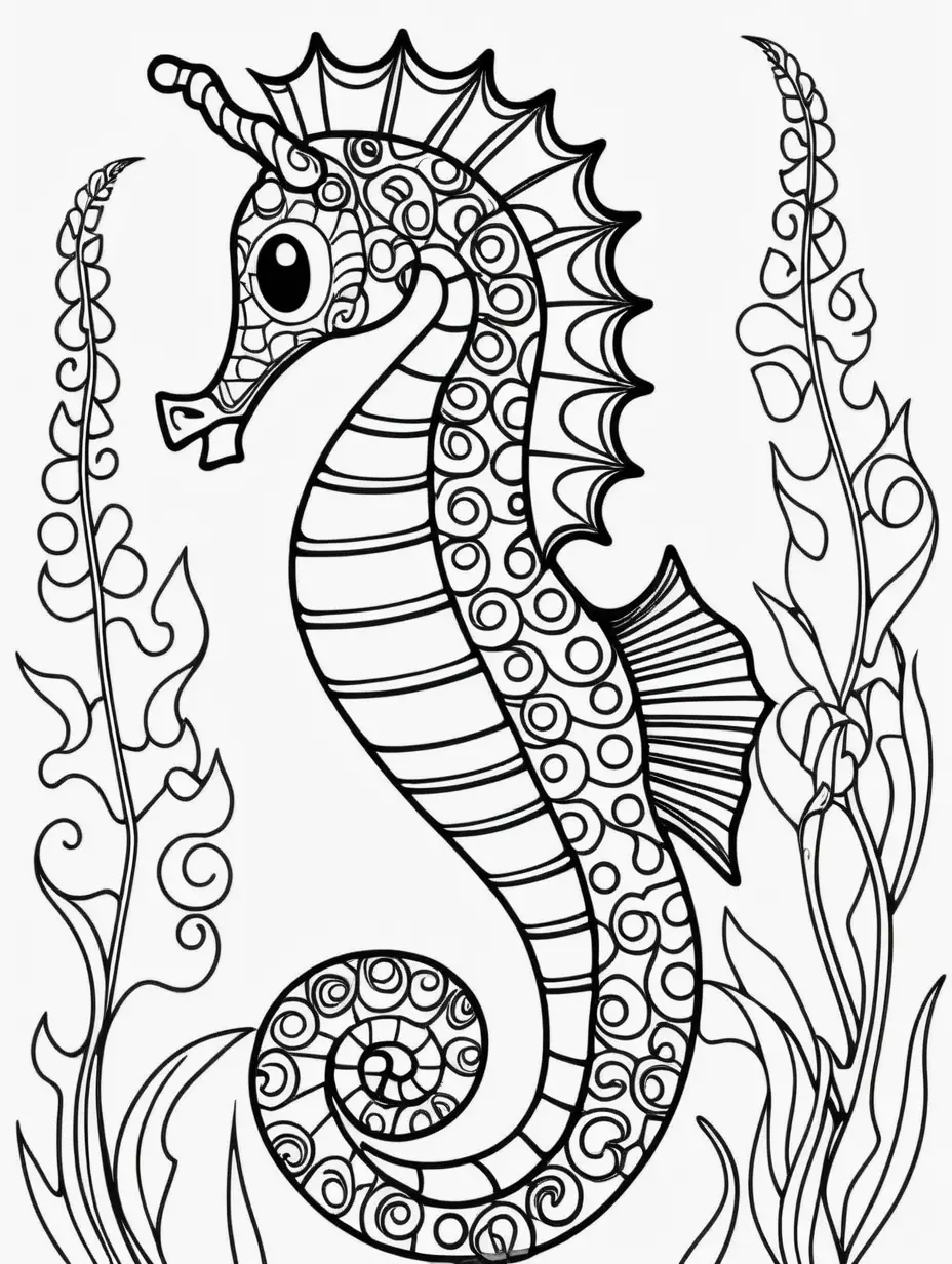 Very easy coloring page for 3 years old toddler. Smile seahorse. Without shadows. Thick black outline, without colors and big details. White background.