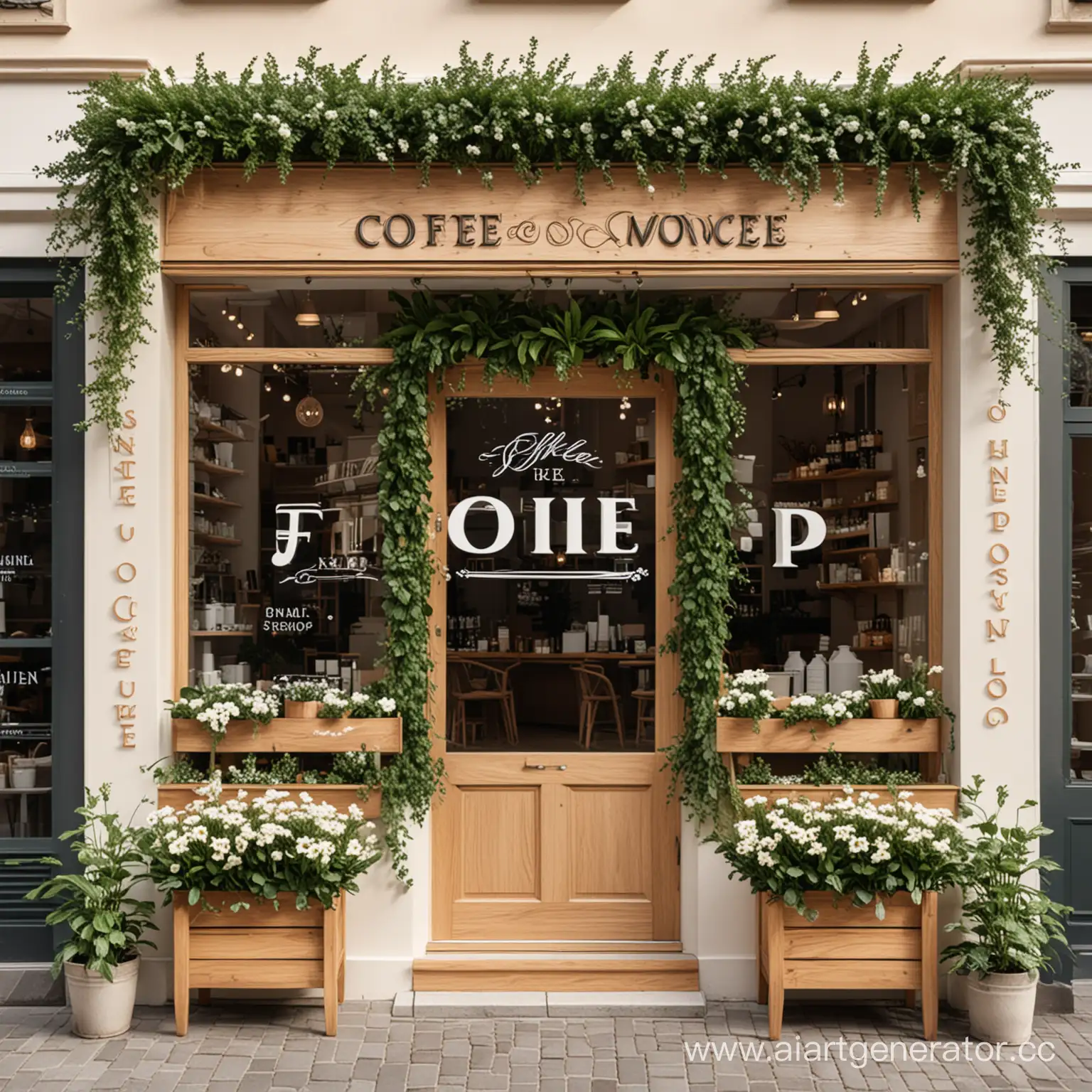 кофейня-цветочная в белых и деревянных тонах с зеленью и цветам  логотип

