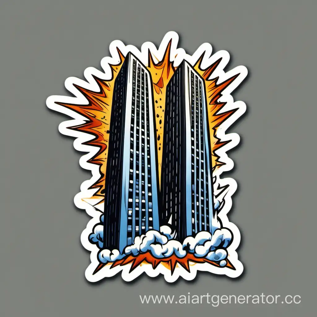 cartoonish sticker of two identical skyscrapers exploding from mid height
