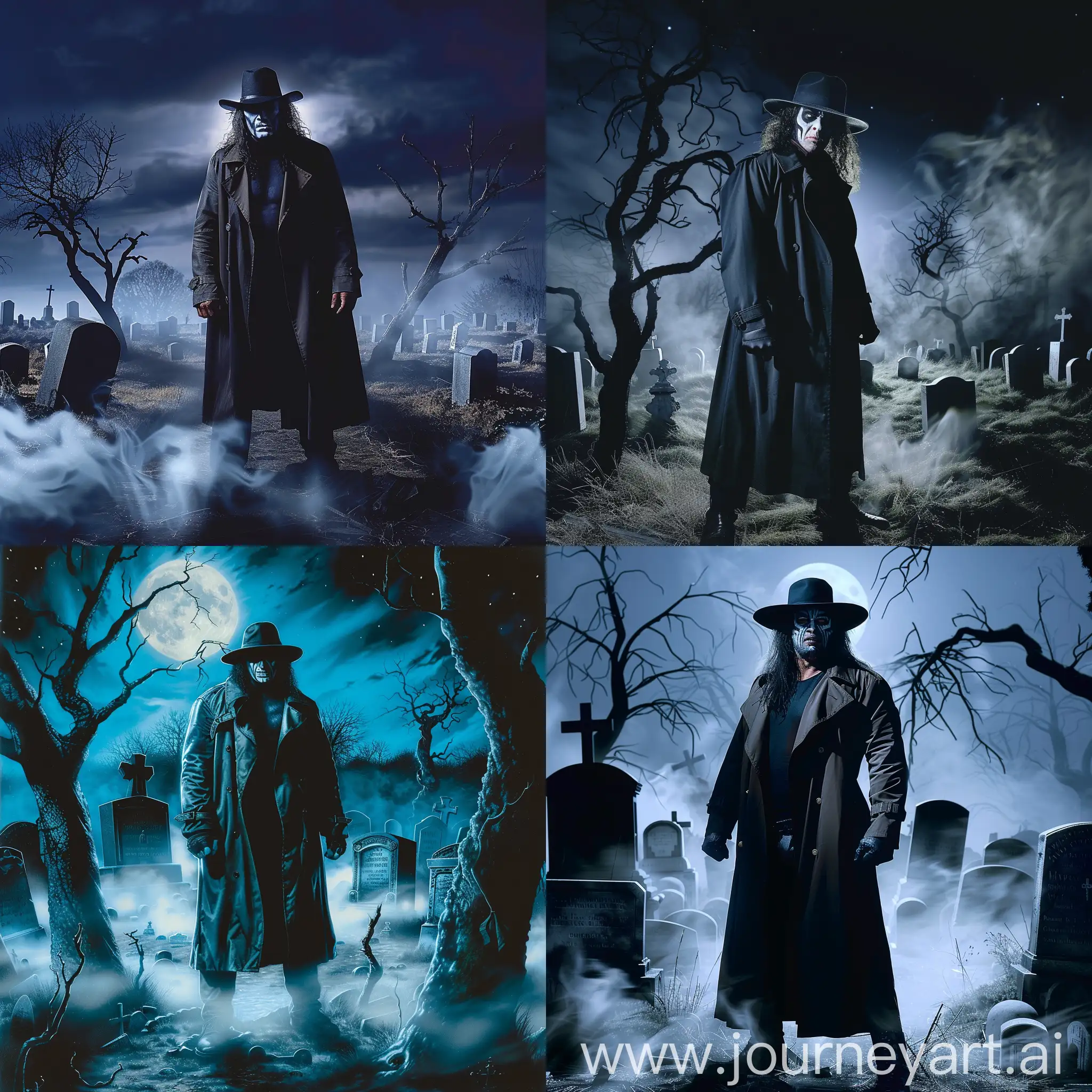 Set in the eerie ambiance of a dark graveyard under the moonlit sky, depict WWE superstar The Undertaker standing tall amidst ancient tombstones and twisted trees. Cloaked in his iconic trench coat and hat, his piercing gaze locks onto the viewer, exuding an aura of mystique and foreboding. Shadows dance across the landscape, emphasizing the solemn atmosphere as wisps of fog curl around his feet. In the background, ominous tombstones and mausoleums loom, casting long, sinister shadows. An air of supernatural energy surrounds The Undertaker, hinting at his legendary persona as the master of darkness and the guardian of the realm beyond. The scene is both haunting and captivating, inviting viewers to ponder the mysteries that lie within the depths of the night.