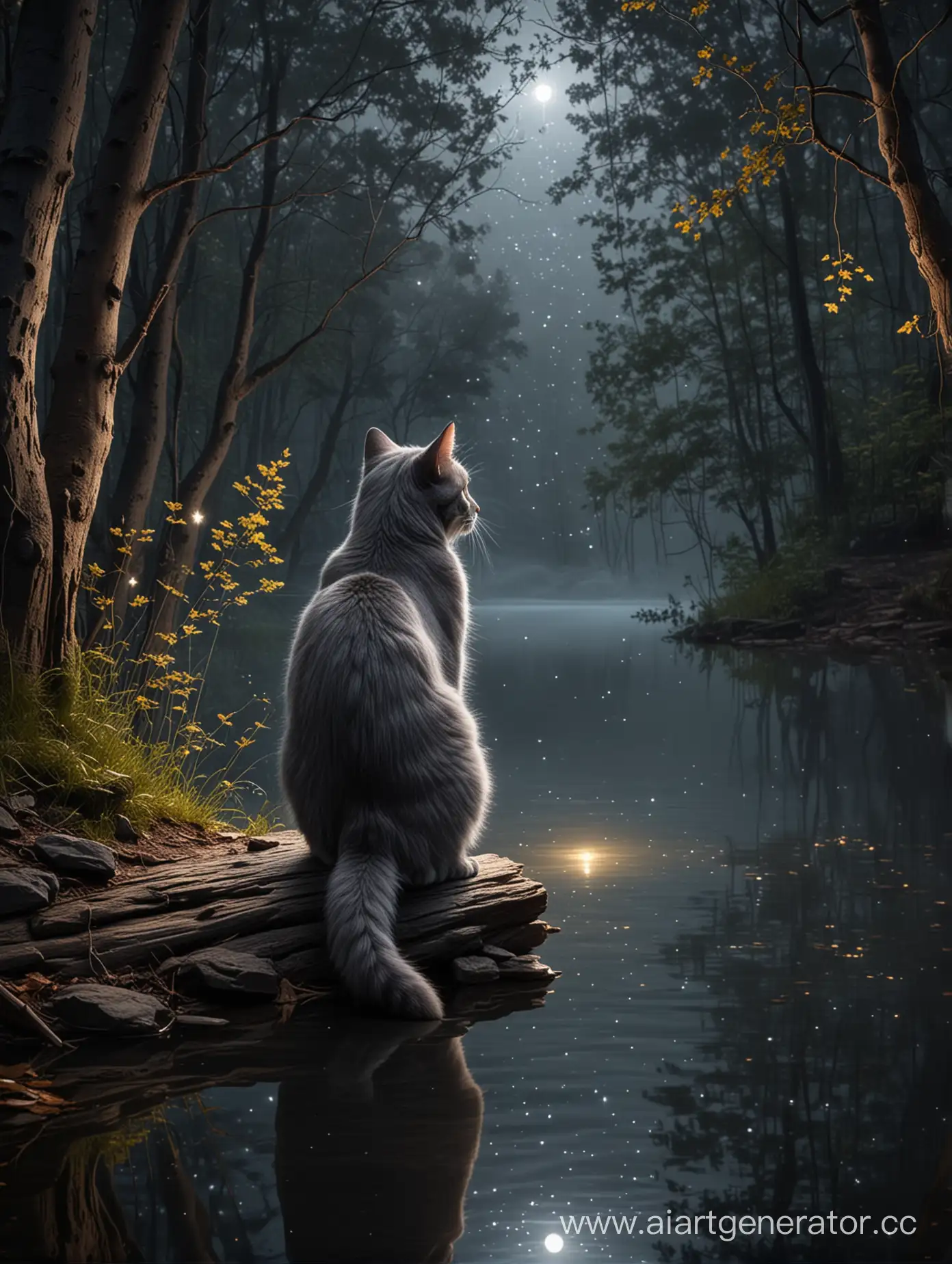 Gray-Cat-Gazing-at-Star-by-Forest-Lake-at-Night