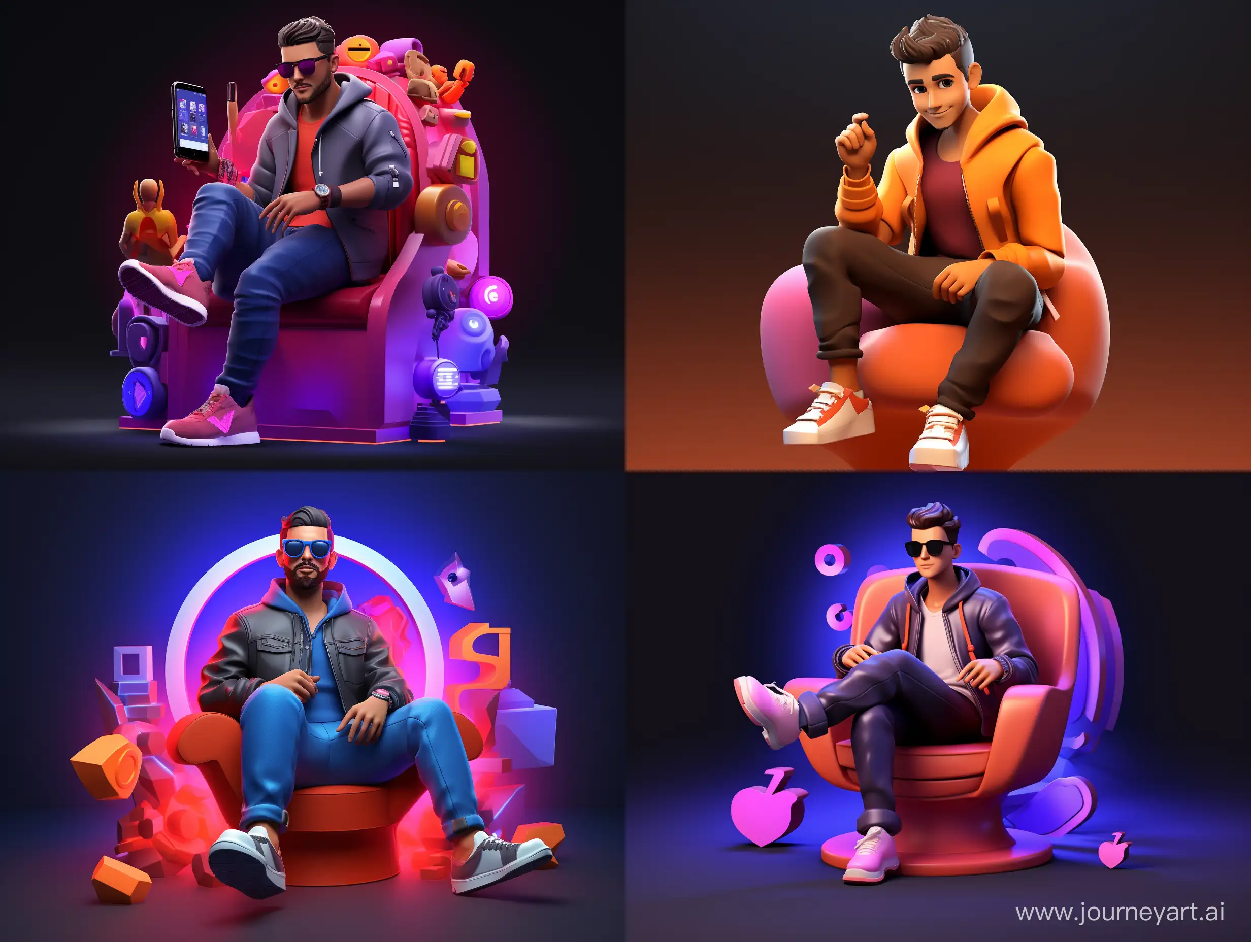 Trending 3D Social Media Image Prompt  Create a 3D illustration of an animated character sitting casually on top of a social media logo "instagram". The character must wear casual modern clothing such as jeans jacket and sneakers shoes. The background of the image is a social media profile page with a user name "bhawani_1_5" and a profile picture that match.

