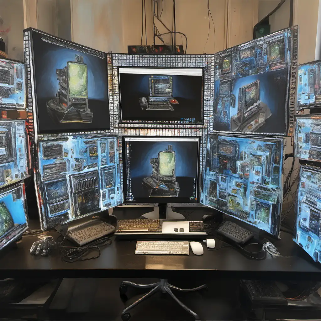 hyper realistic oil painting of computer workstation using screens from start image