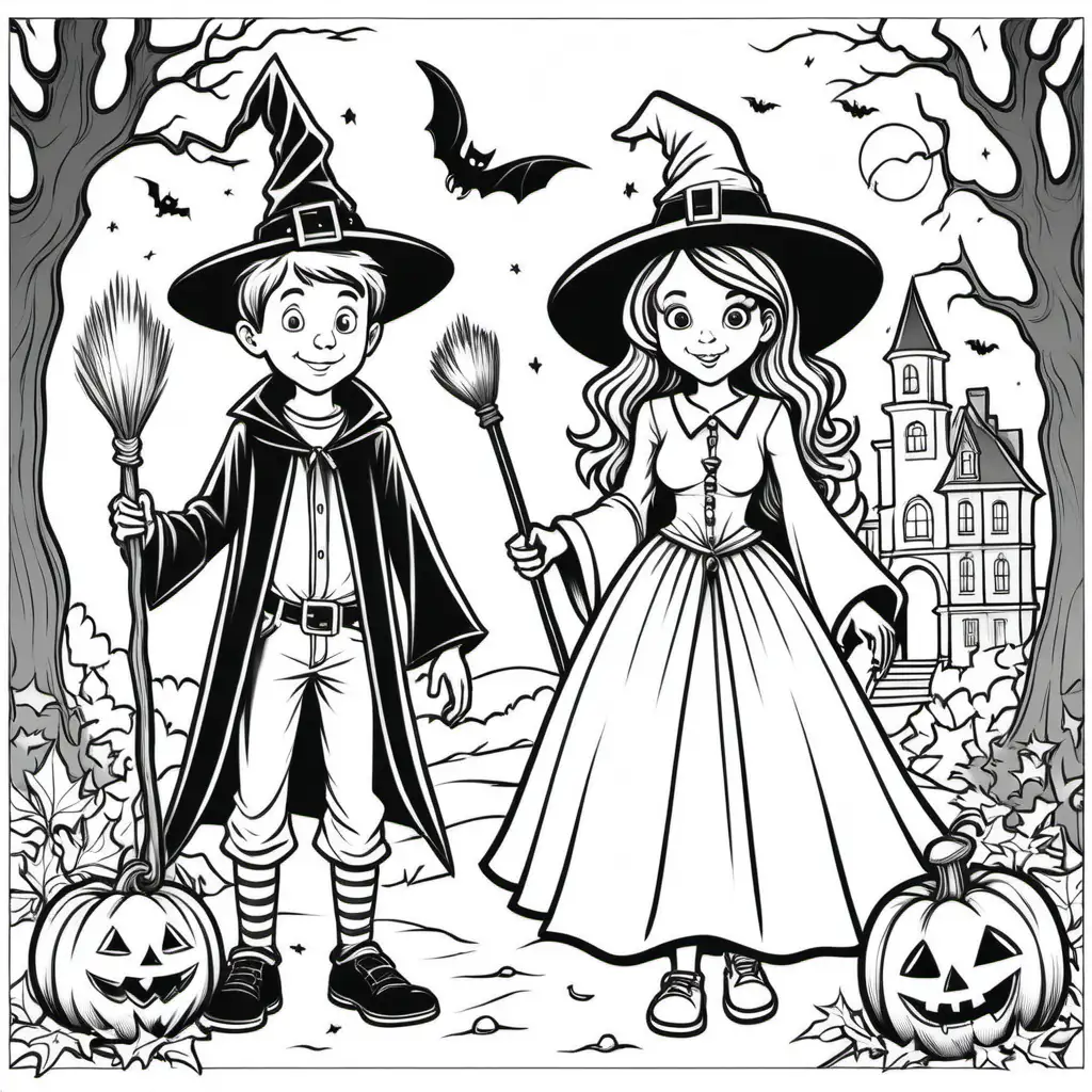 Teenage Girl and Boy in Witch and Wizard Costumes Black and White Halloween Coloring Book Illustration