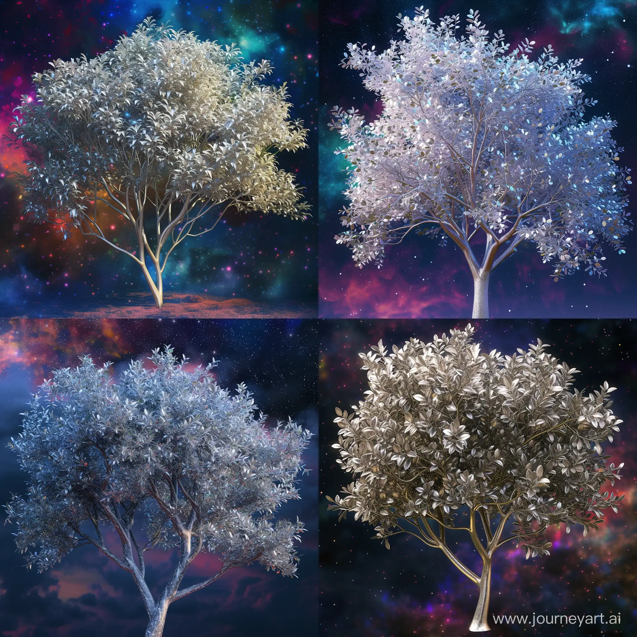 A fabulous tree of unusual beauty with silver shiny leaves !!!!!! against the background of the night sky!!!!!!!!it shimmers with bright multicolored colors!!!!!!! frontal light, , ((masterpiece)), ((best quality)) , high detail,, highest detail, high_Detail, , HDR, Photorealistic, bright colors , octane of modern surrealism, medium sharpness,