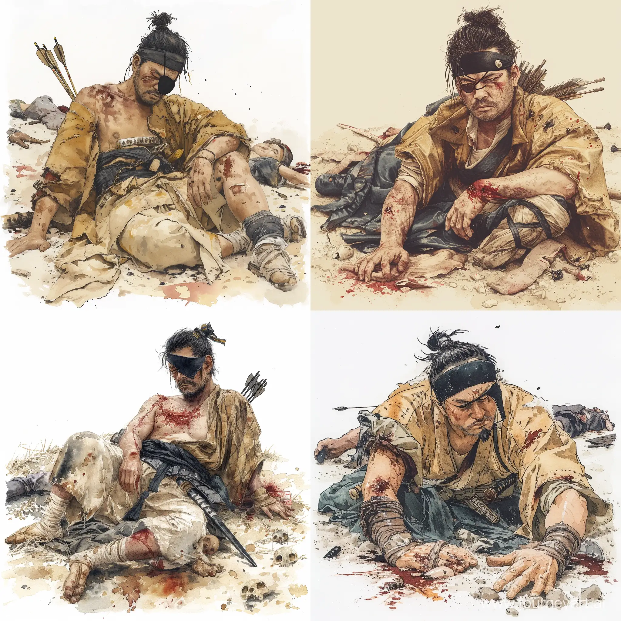 Wounded-Japanese-Warrior-Resting-PostBattle-Scene-with-Luxury-Garments-and-Watercolor-Style