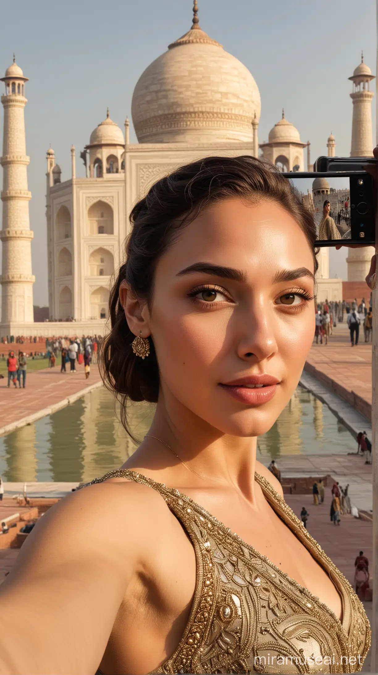 Create a highly detailed and sharp image of Gal Gadot taking a selfie in front of the Taj Mahal.