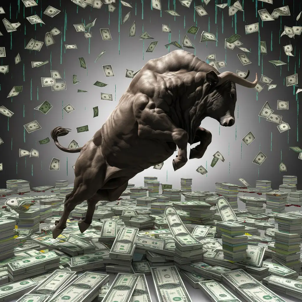 мускулистый бык прыгает вверх, вид сбоку,
вся поверхность пола в долларах, с неба падают доллары