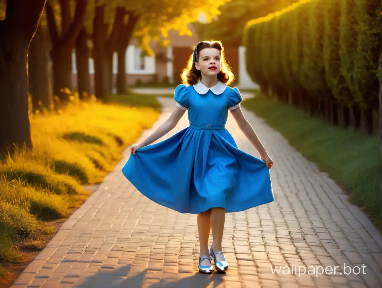 cheerful Judy Garland girl 12 yo in a beautiful blue dress, wearing silver shoes, walks along the yellow brick road early in the morning