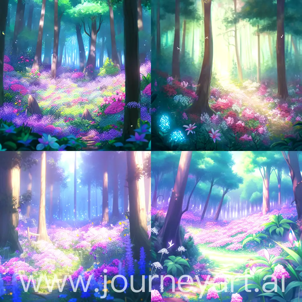 Проиллюстрируйте живописный лес с распускающимися яркими цветами,