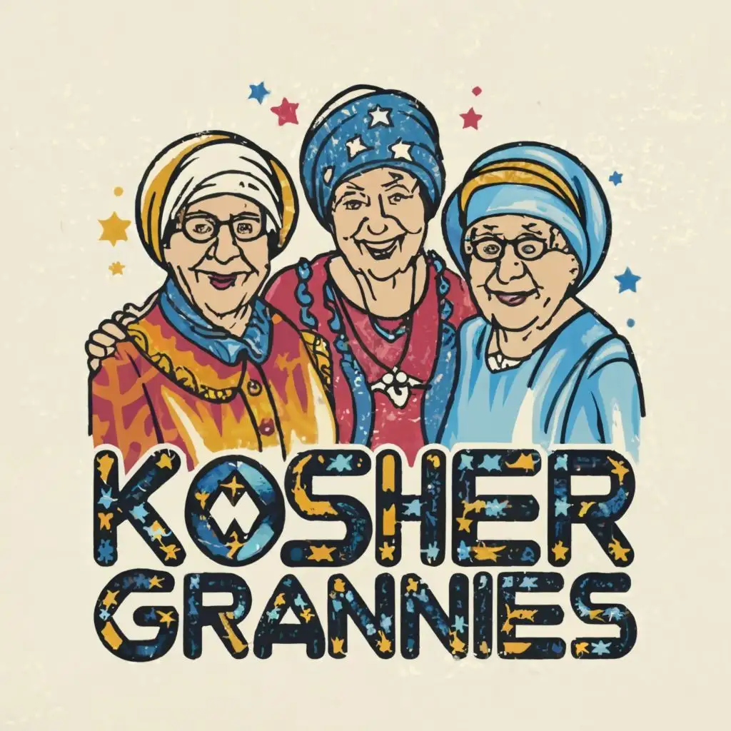 logo, Israel, yellow, blue, white, Jewish grannies with Israeli headcovers, with the text "Kosher Grannies", typography, be used in art industry