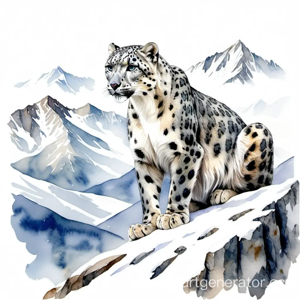 watercolor snow leopard on mountains, on a white background