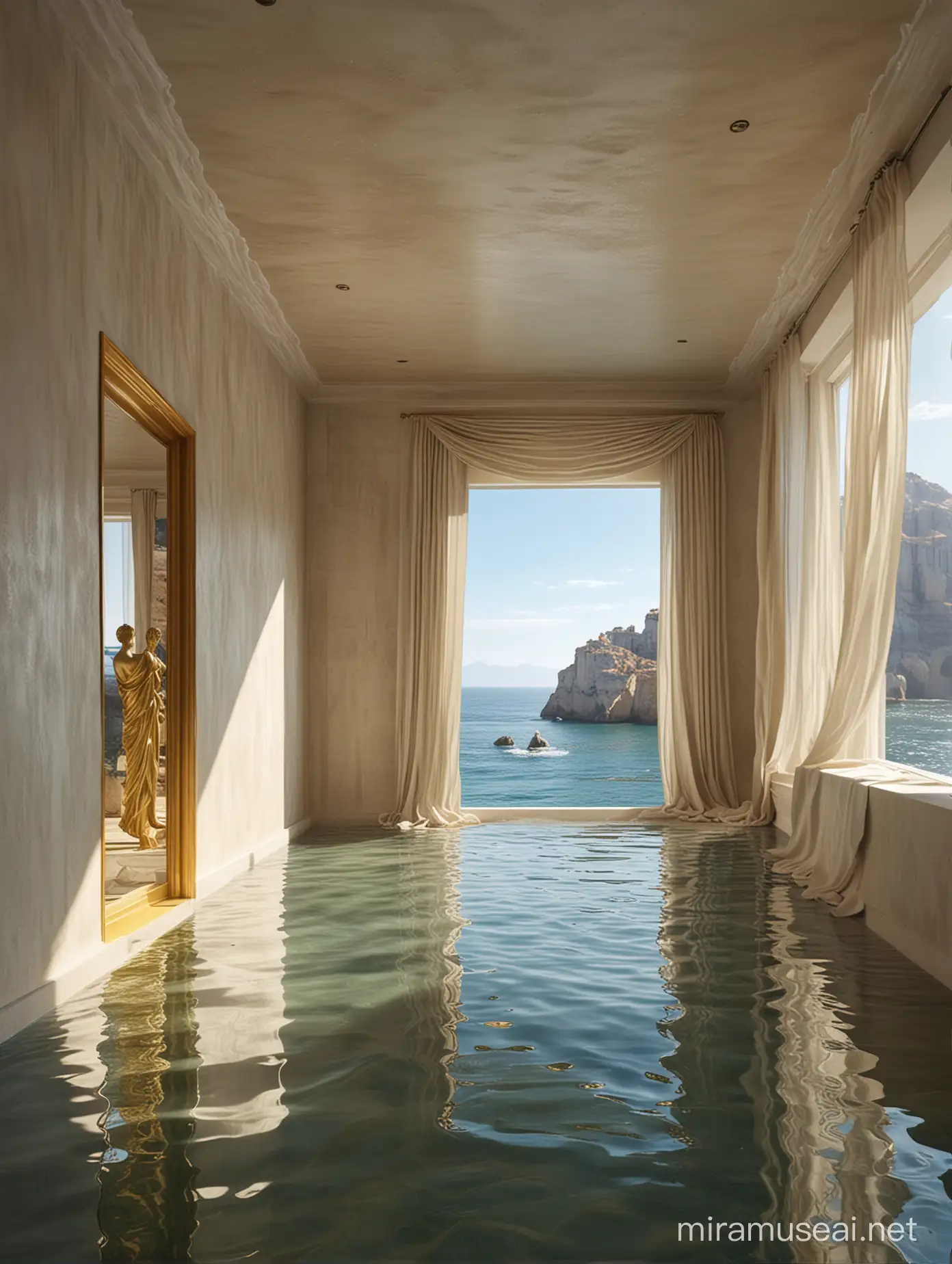 Tranquil Golden Sculpture on Water Floor with Sunny Cliffs View