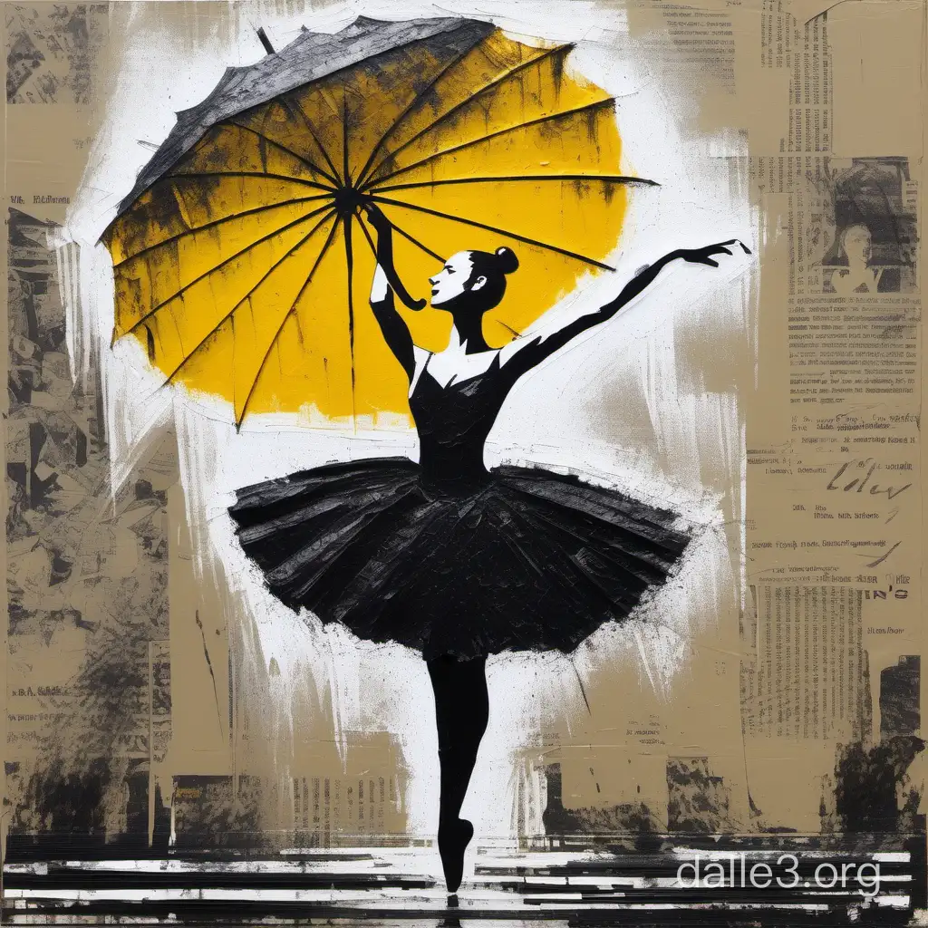 a painting of a ballerina holding a yellow umbrella, a sketch, by Pál Balkay, mail art, newspaper collage, made of tar, perfect composition artem demura, dotart, black swan, tag, made of paper, tutu, leaping, black sketch, on canvas, great pinterest photo, elegant and refined painting, slender figure