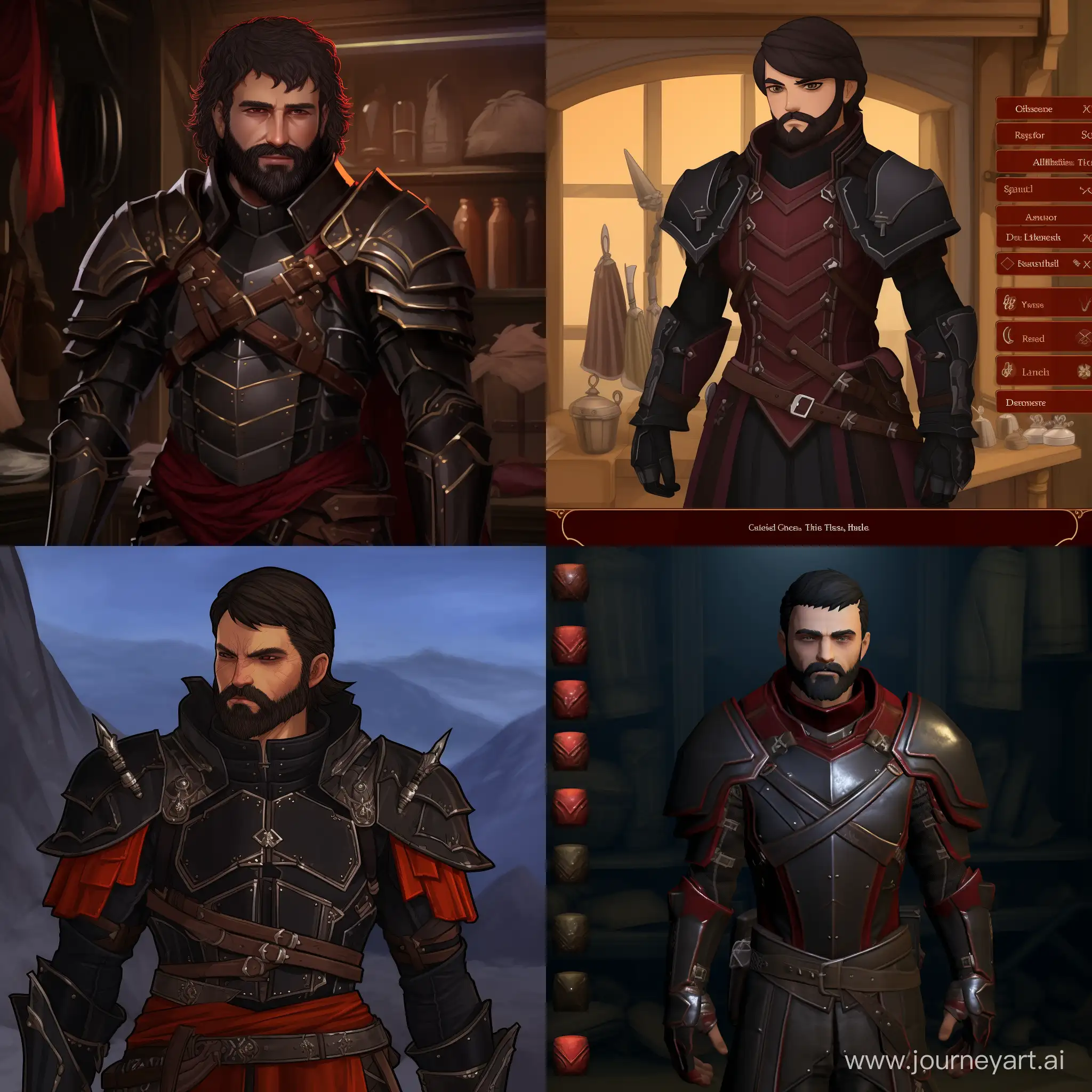 The skin is pale, crimson eyes. Short black beard. Scar on the eyebrow. shoulder length black hair. He is dressed in a black shirt under a burgundy cuirass, trousers made of reinforced fabric with leather inserts. The cuirass is made in the form of several plates of dark metal and black and red leather. Black raincoat. A half-vampire.sinewy body. Tattoo on the arm in the form of a sword.