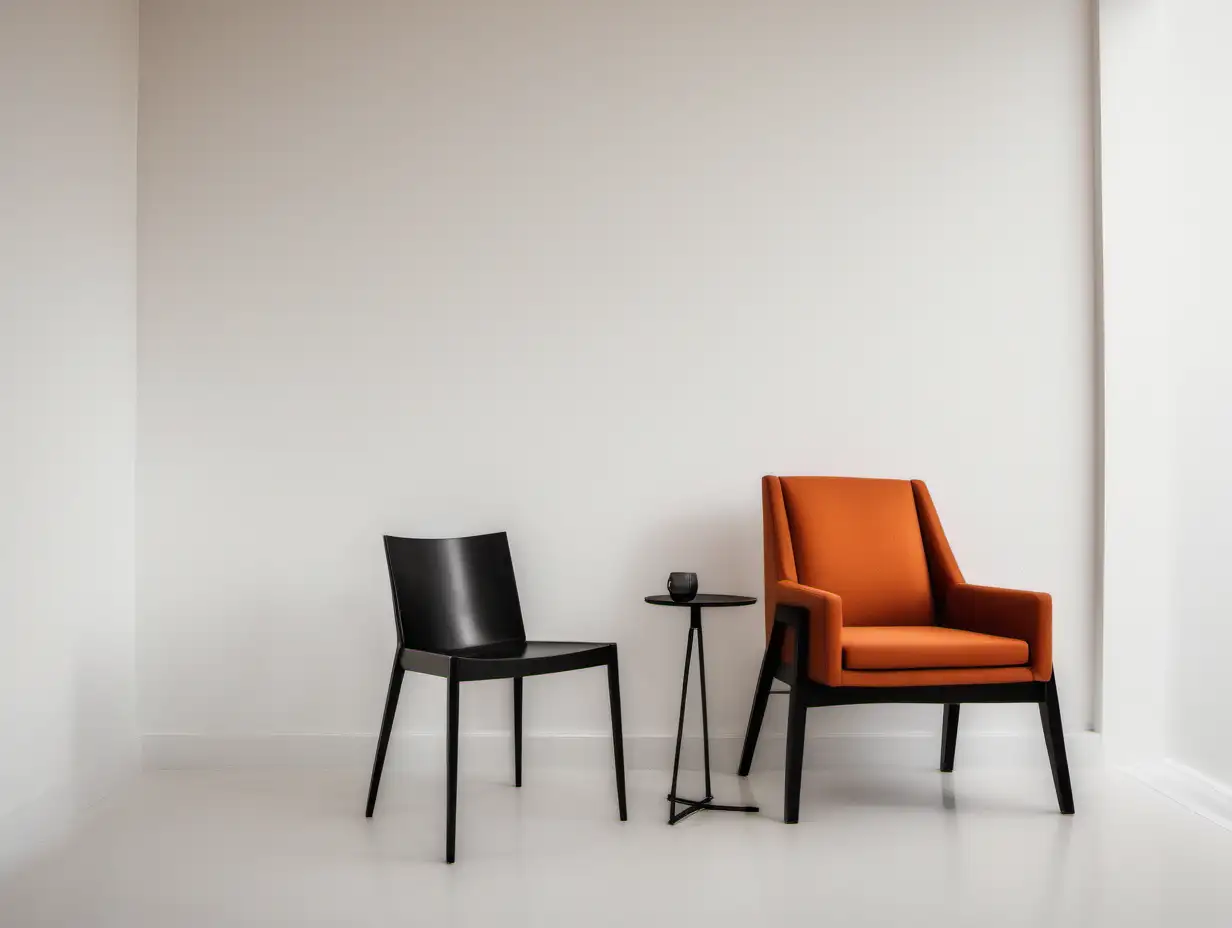 Commercial Photography, modern minimalist room interior with burnt deep orange decor and black chair