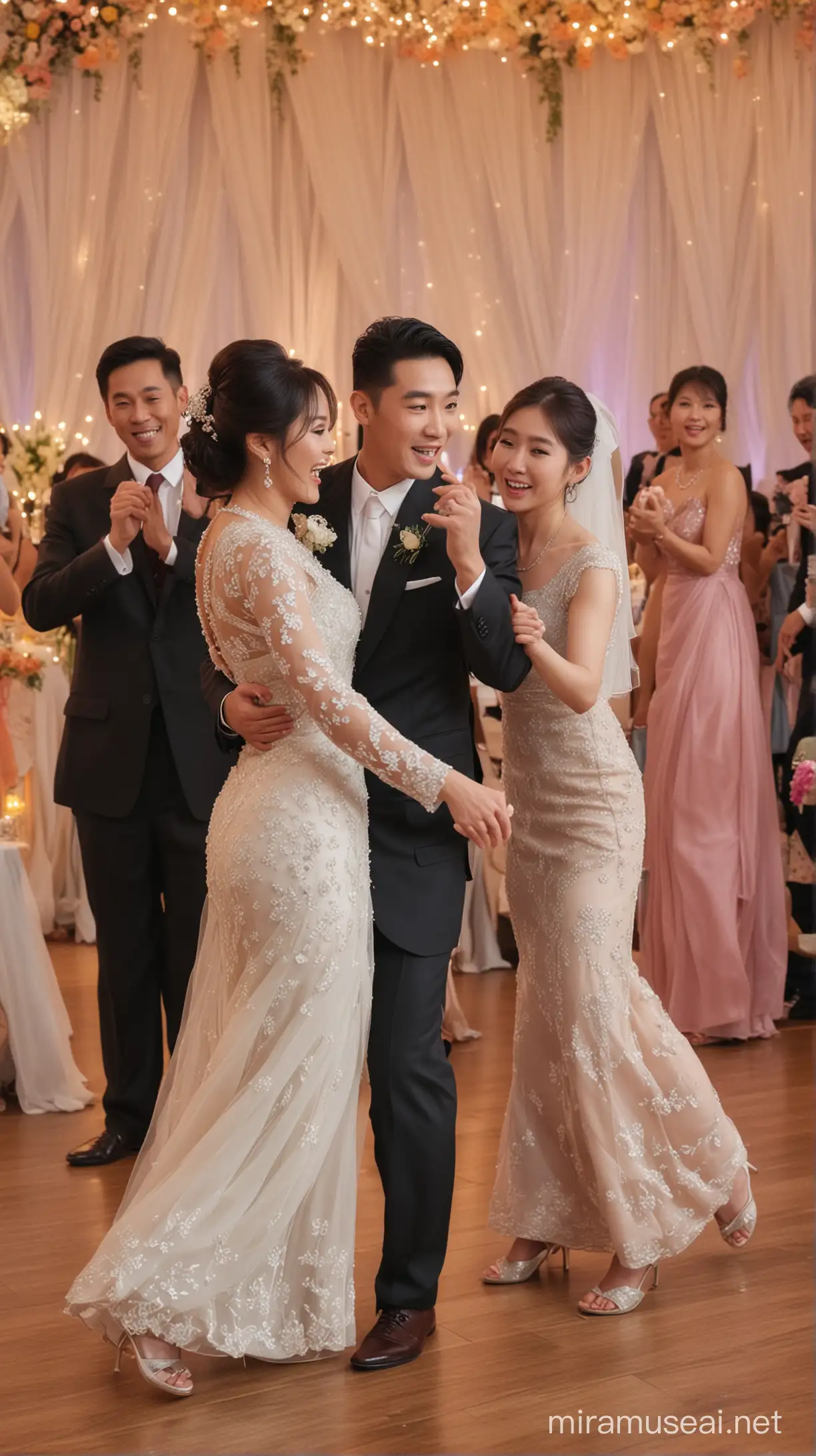 Asian family dancing at a wedding reception, show vivid images, show someone taking pictures, movie scene quality, ultra Realistic, Canon E0s R6 Quality

